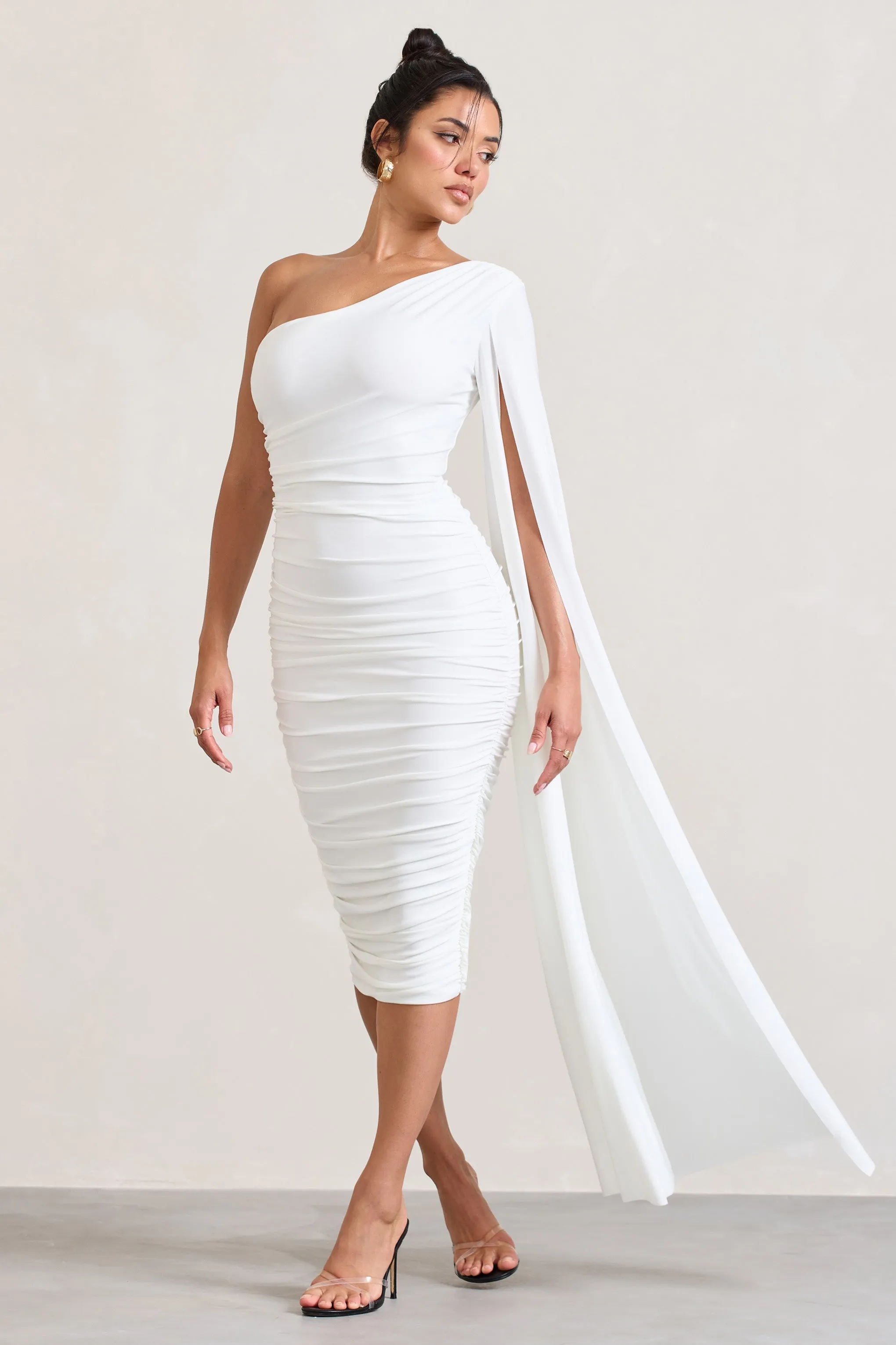 Yara | White One Shoulder Cape Ruched Midi Dress sold by Club L London