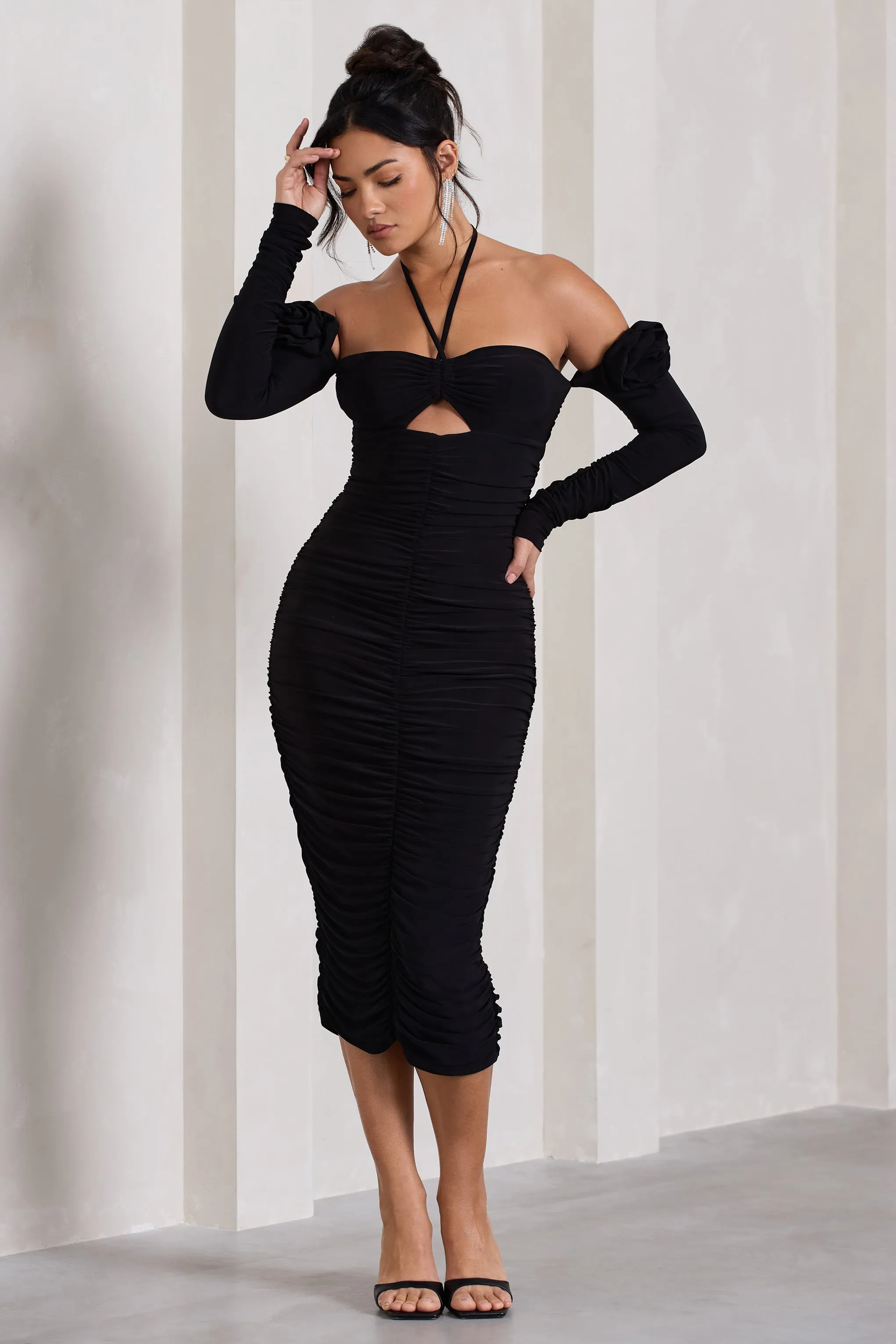 Extra Special | Black Ruched Halter-Neck Midi Dress With Flowers sold by Club L London product image thumbnail 2