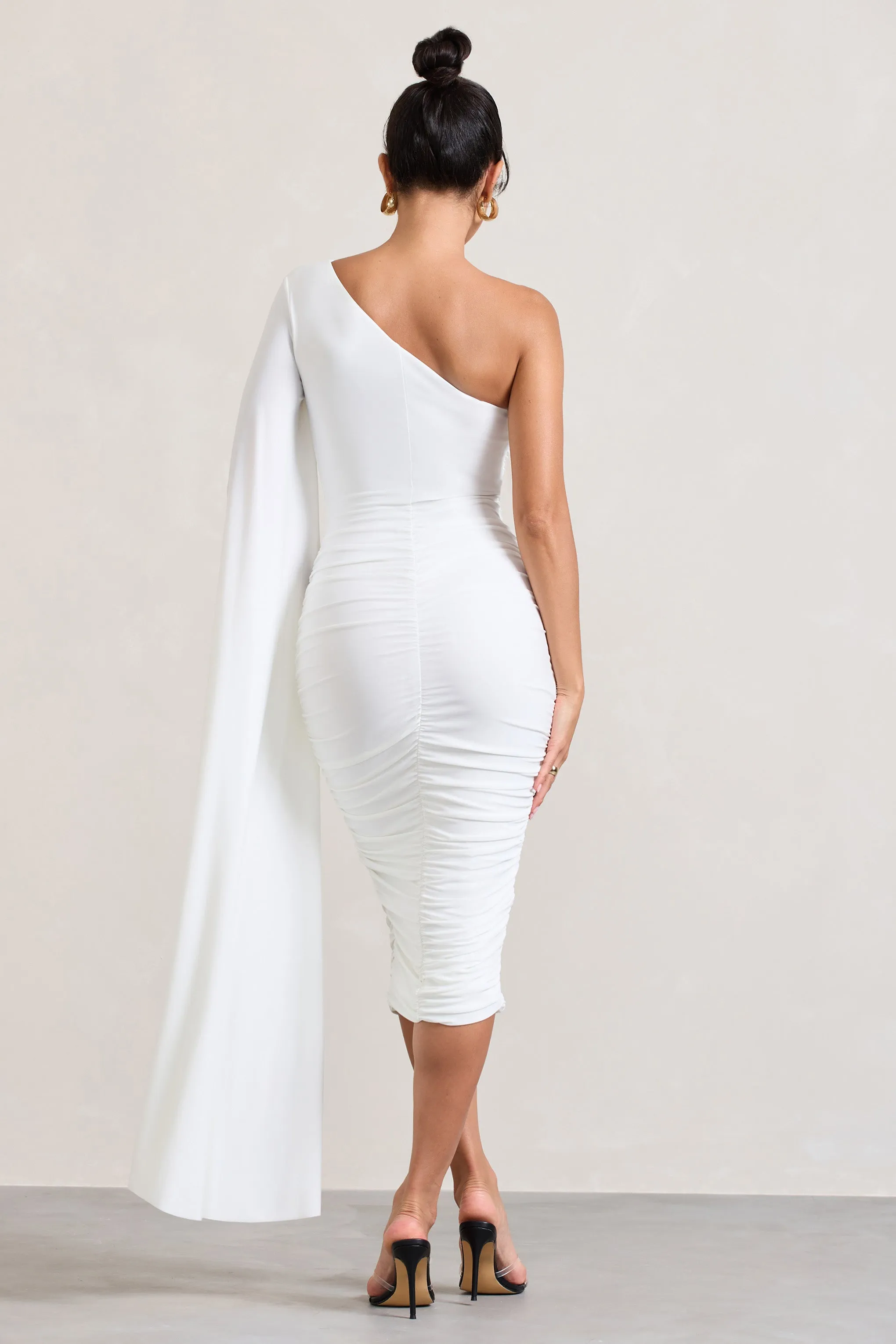 Yara | White One Shoulder Cape Ruched Midi Dress sold by Club L London product image thumbnail 3