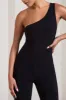 In The Dark | Black Sleeveless Asymmetric Flared-Leg Jumpsuit sold by Club L London