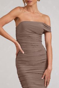Celine | Mocha Asymmetric One Shoulder Ruched Maxi Dress With Curved Cut Out sold by Club L London