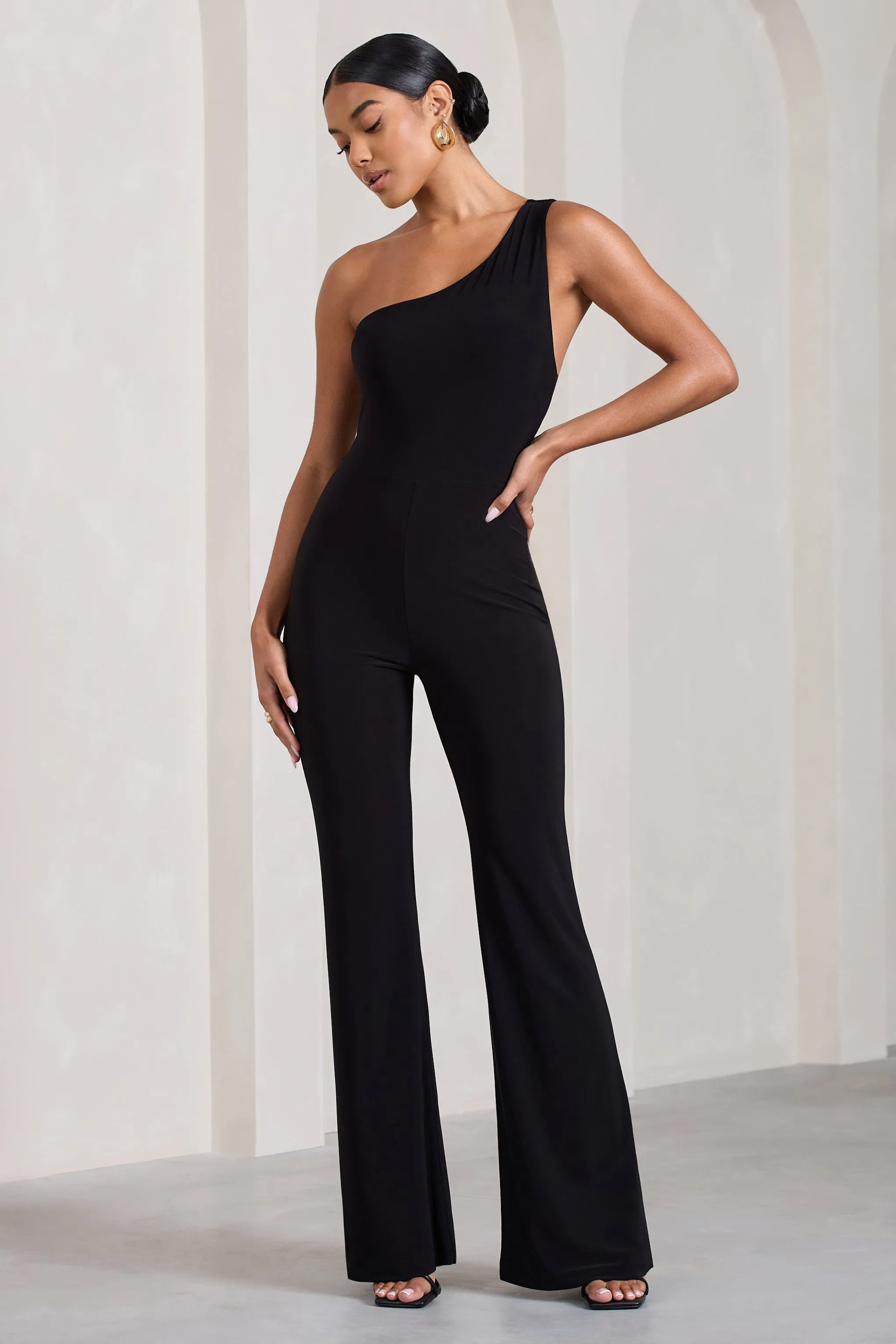 In The Dark | Black Sleeveless Asymmetric Flared-Leg Jumpsuit sold by Club L London product image thumbnail 4