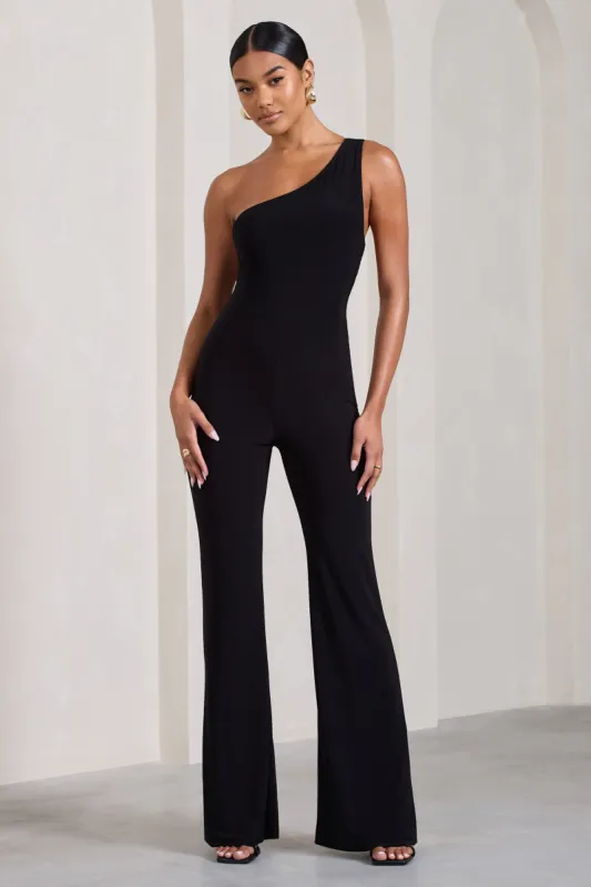 In The Dark | Black Sleeveless Asymmetric Flared-Leg Jumpsuit sold by Club L London