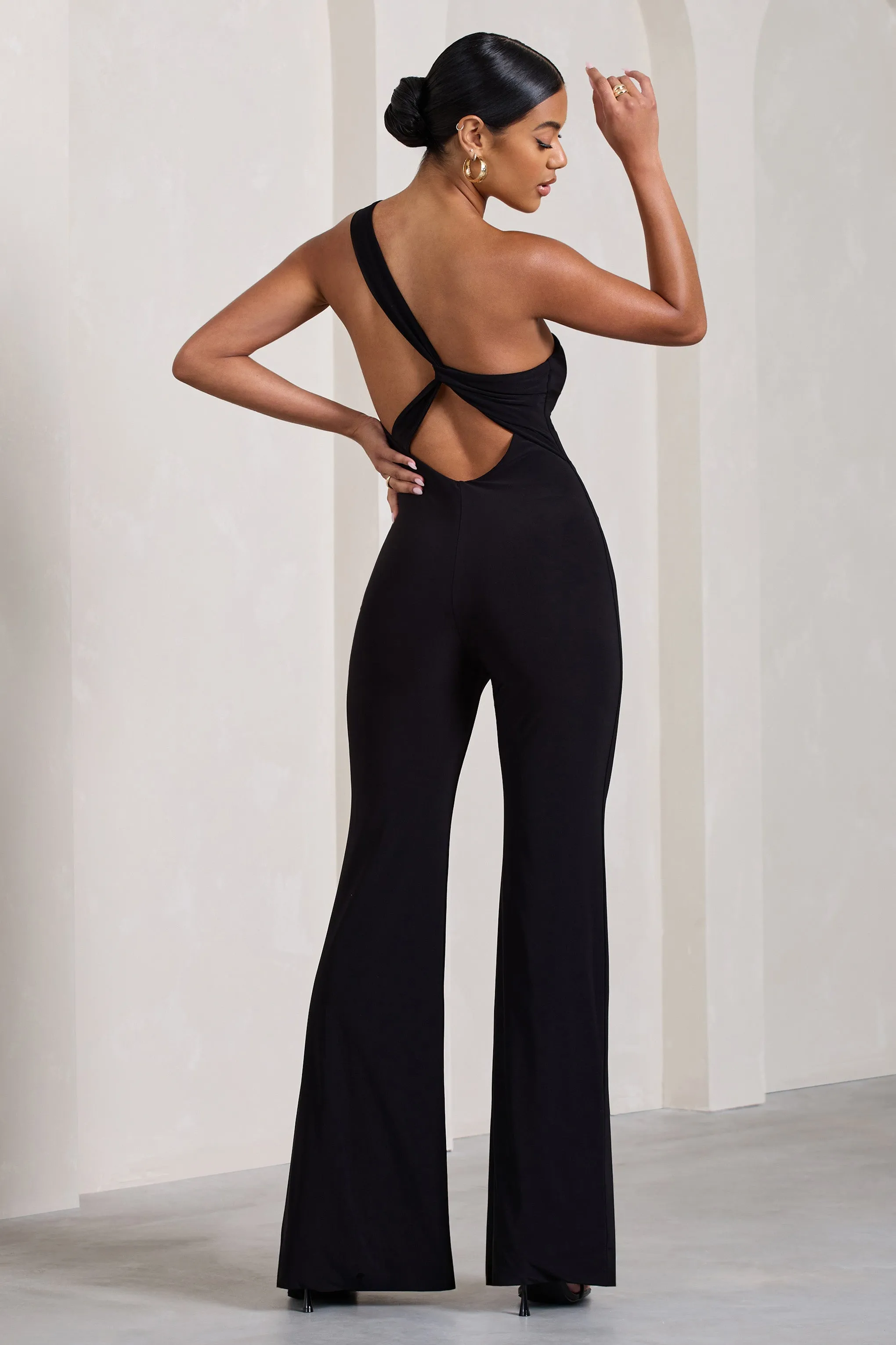 In The Dark | Black Sleeveless Asymmetric Flared-Leg Jumpsuit sold by Club L London product image thumbnail 2