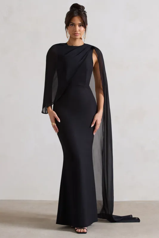 Haze | Black High-Neck Maxi Dress With Chiffon Cape sold by Club L London