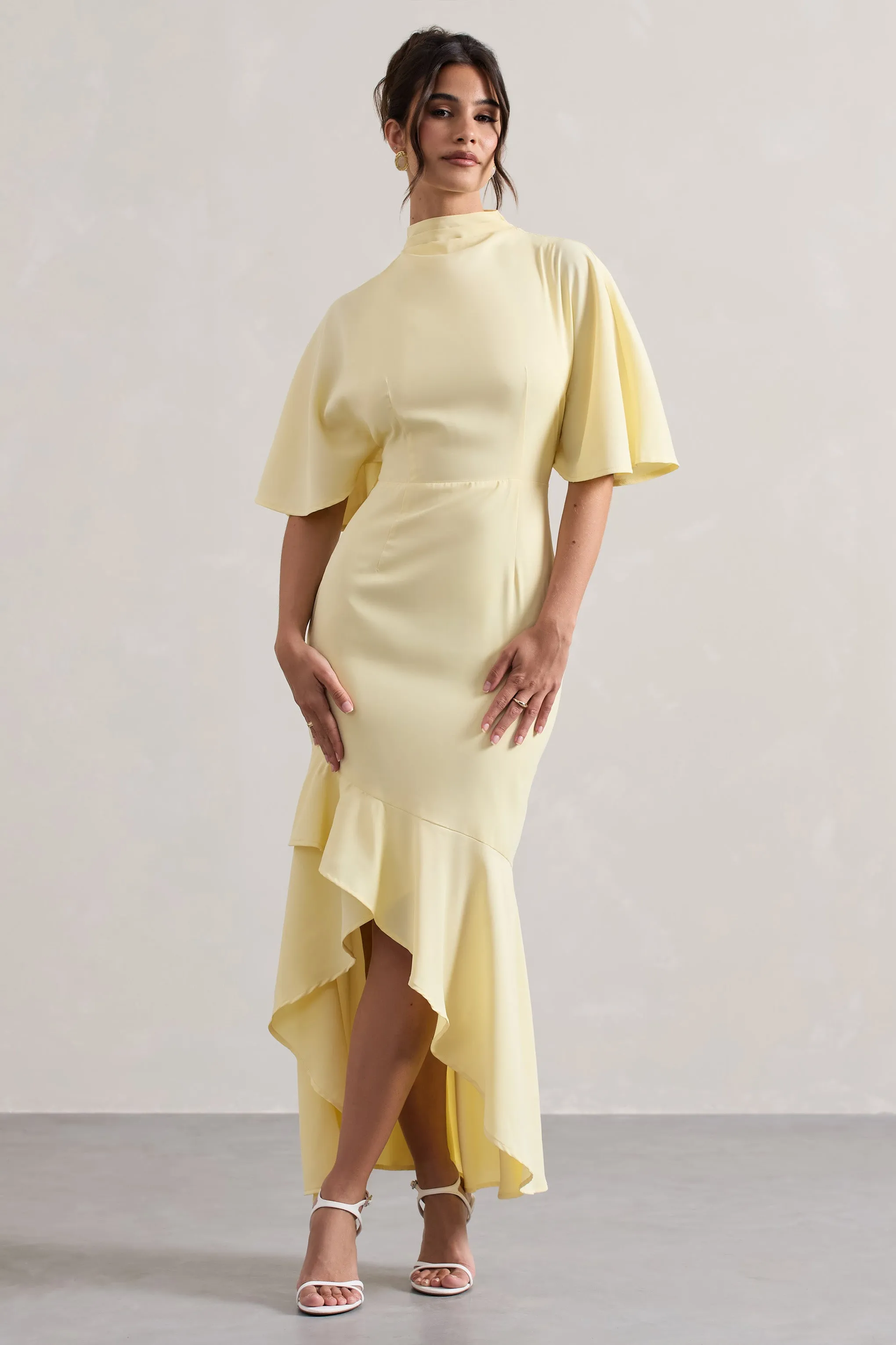 Lavinia | Pastel Yellow High-Neck Flutter-Sleeve Asymmetric Maxi Dress sold by Club L London