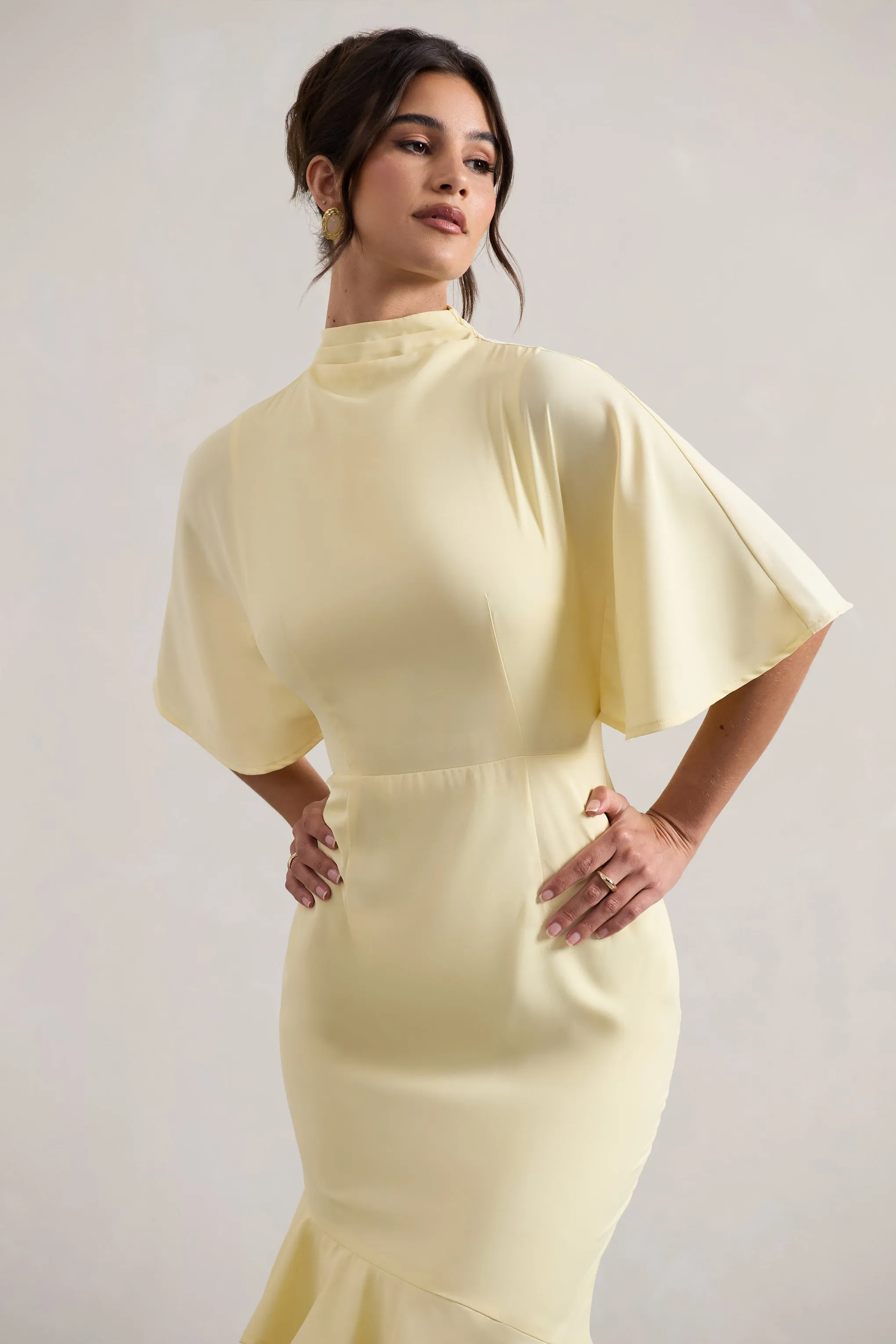 Lavinia | Pastel Yellow High-Neck Flutter-Sleeve Asymmetric Maxi Dress sold by Club L London product image thumbnail 3