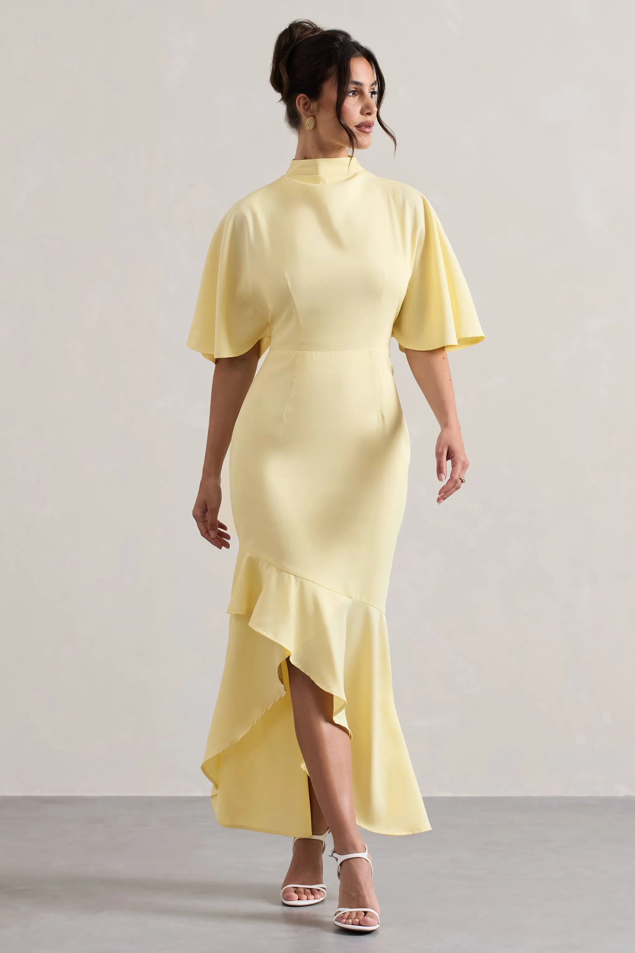 Lavinia | Pastel Yellow High-Neck Flutter-Sleeve Asymmetric Maxi Dress sold by Club L London product image thumbnail 4