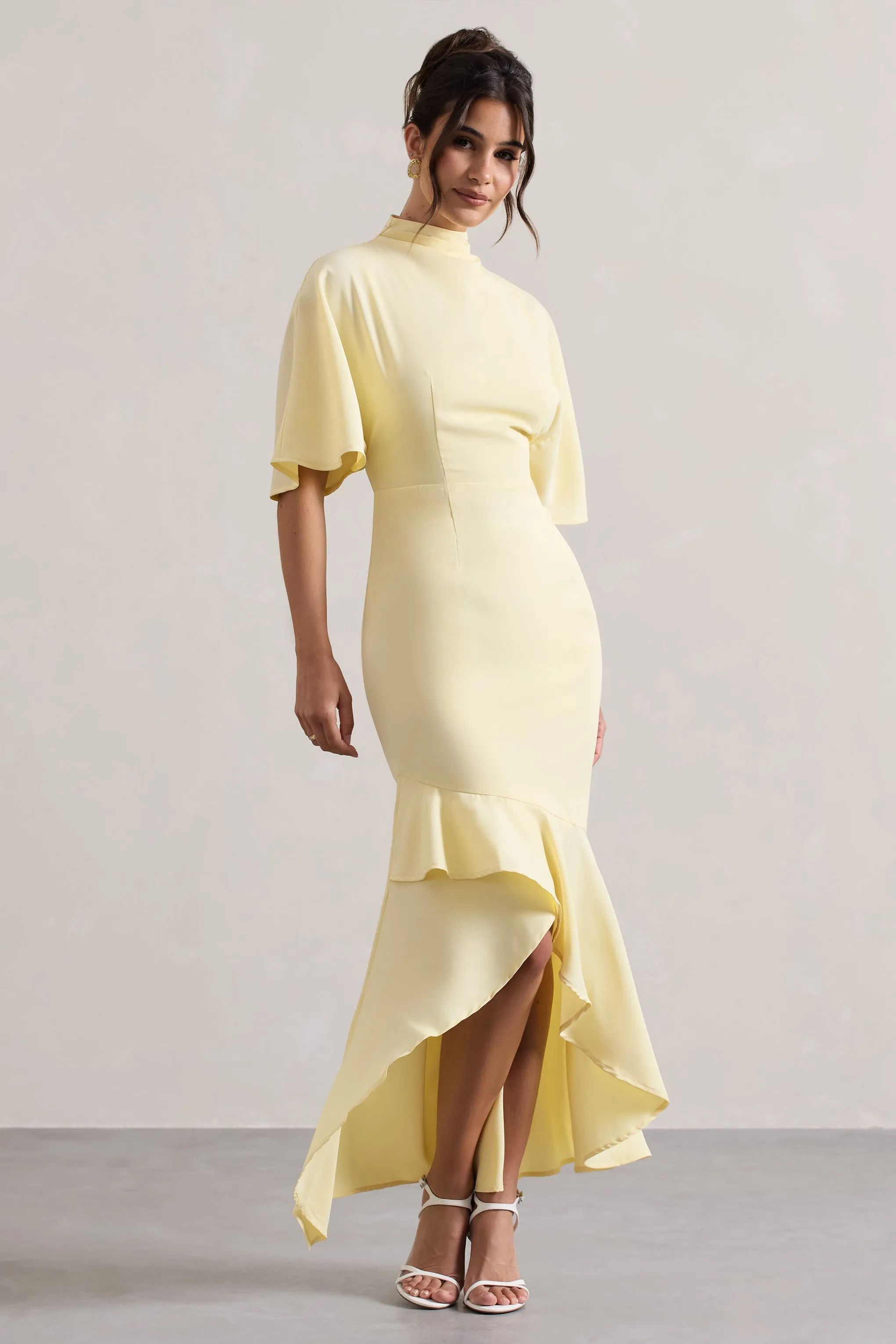 Lavinia | Pastel Yellow High-Neck Flutter-Sleeve Asymmetric Maxi Dress sold by Club L London product image thumbnail 5