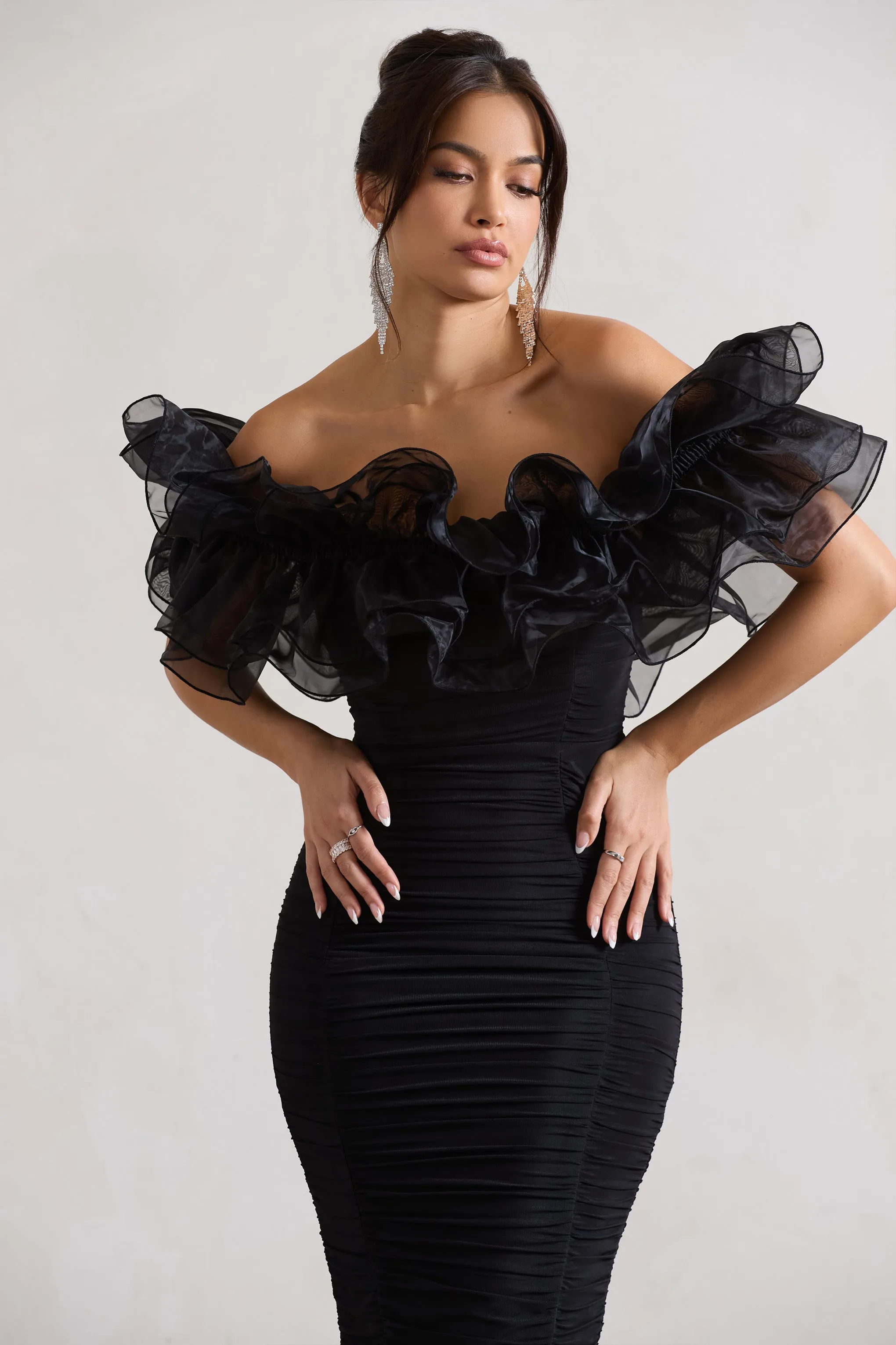 Ladylike | Black Ruched Bardot Midi Dress With Organza Trim sold by Club L London product image thumbnail 3