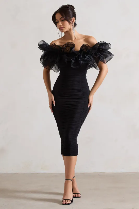 Ladylike | Black Ruched Bardot Midi Dress With Organza Trim sold by Club L London