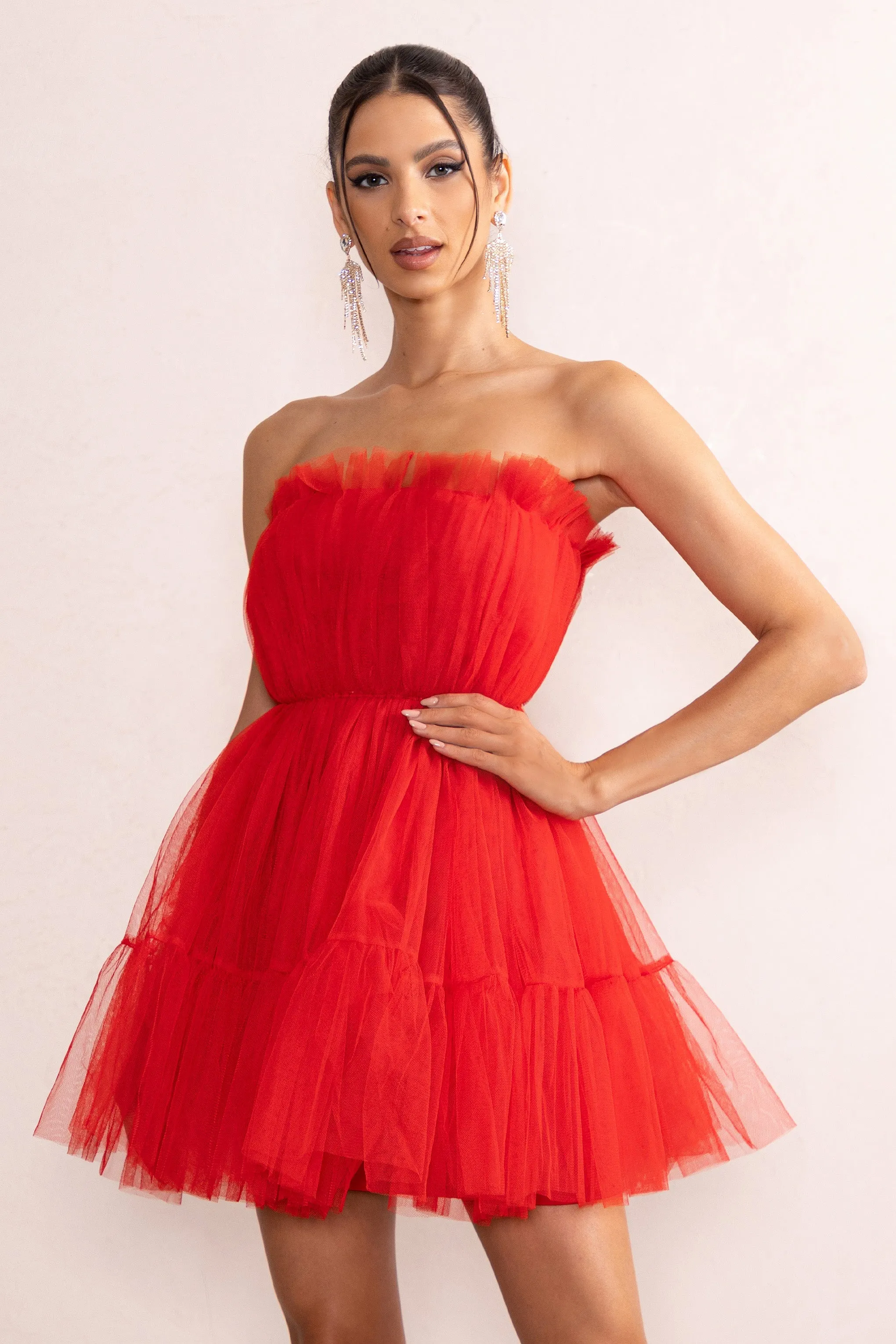 Aella | Red Bandeau Volume Pleated Tulle Mini Dress sold by Club L London product image thumbnail 4