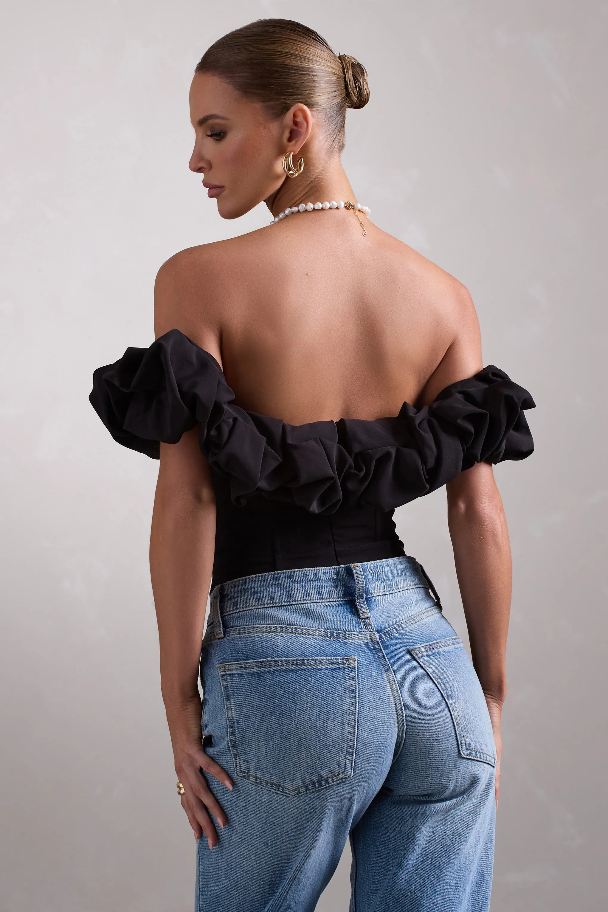 Ellie | Black Structured Statement Bardot Bodysuit sold by Club L London product image thumbnail 2