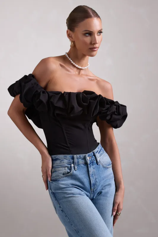 Ellie | Black Structured Statement Bardot Bodysuit sold by Club L London