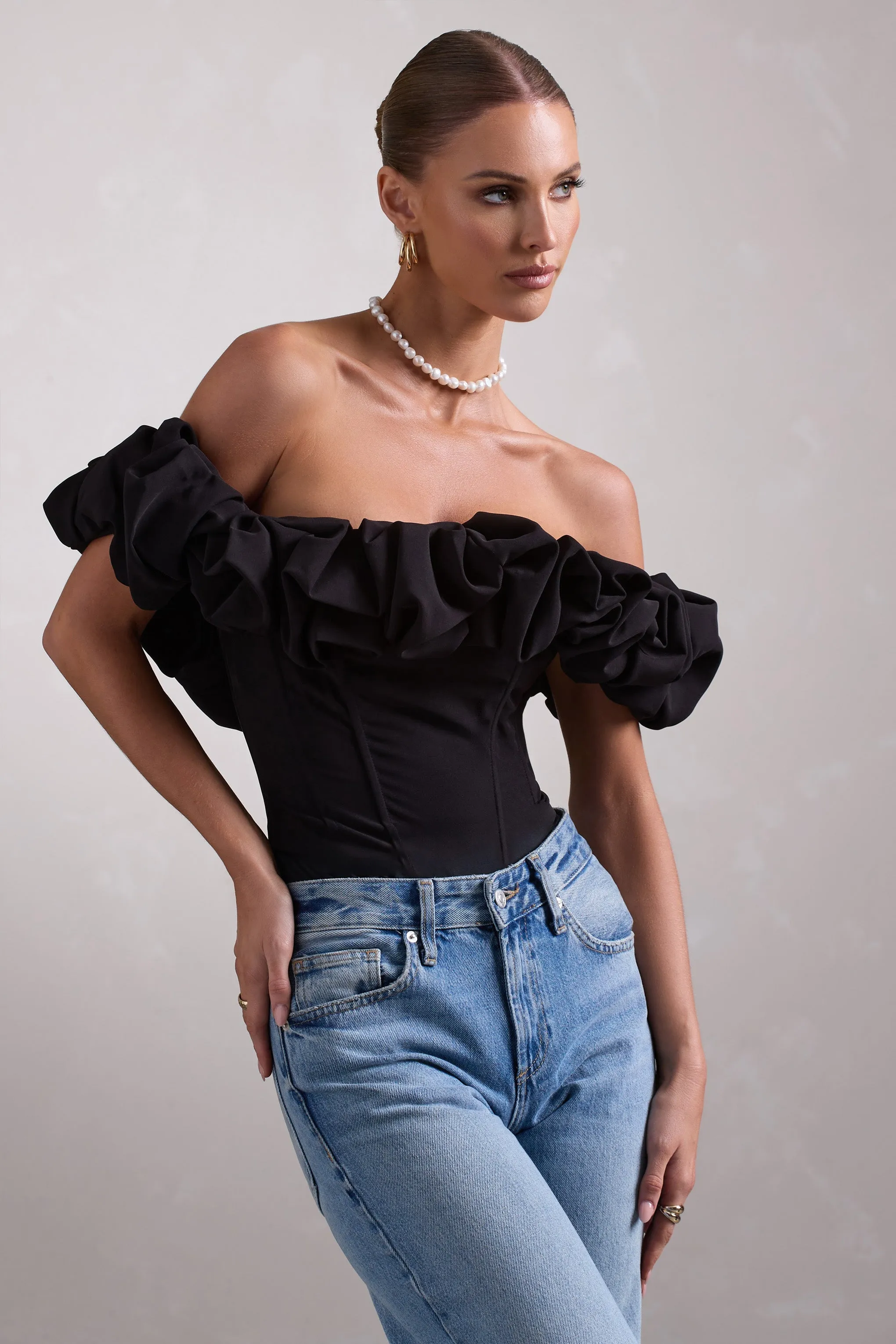 Ellie | Black Structured Statement Bardot Bodysuit sold by Club L London