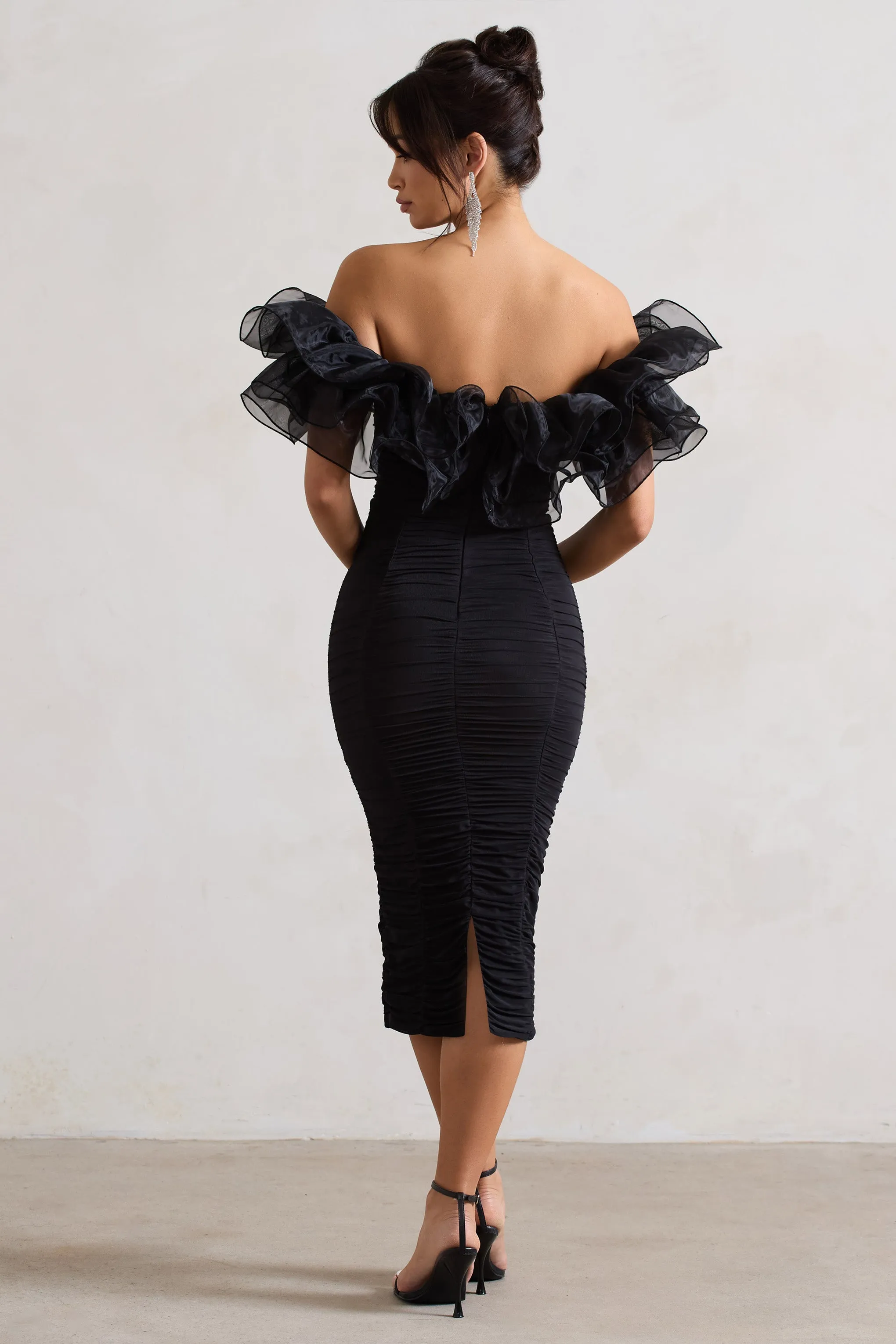 Ladylike | Black Ruched Bardot Midi Dress With Organza Trim sold by Club L London product image thumbnail 2