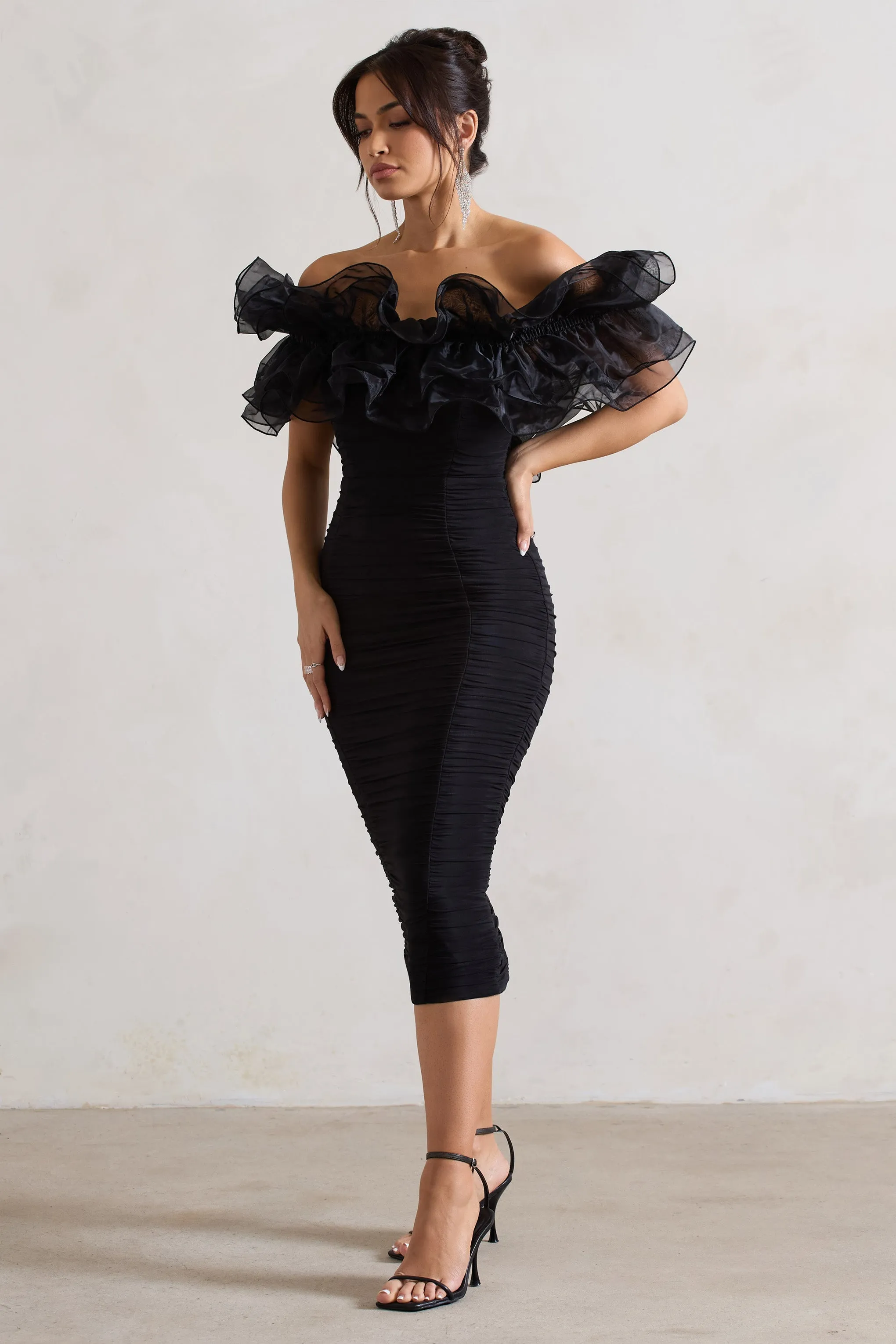 Ladylike | Black Ruched Bardot Midi Dress With Organza Trim sold by Club L London product image thumbnail 5