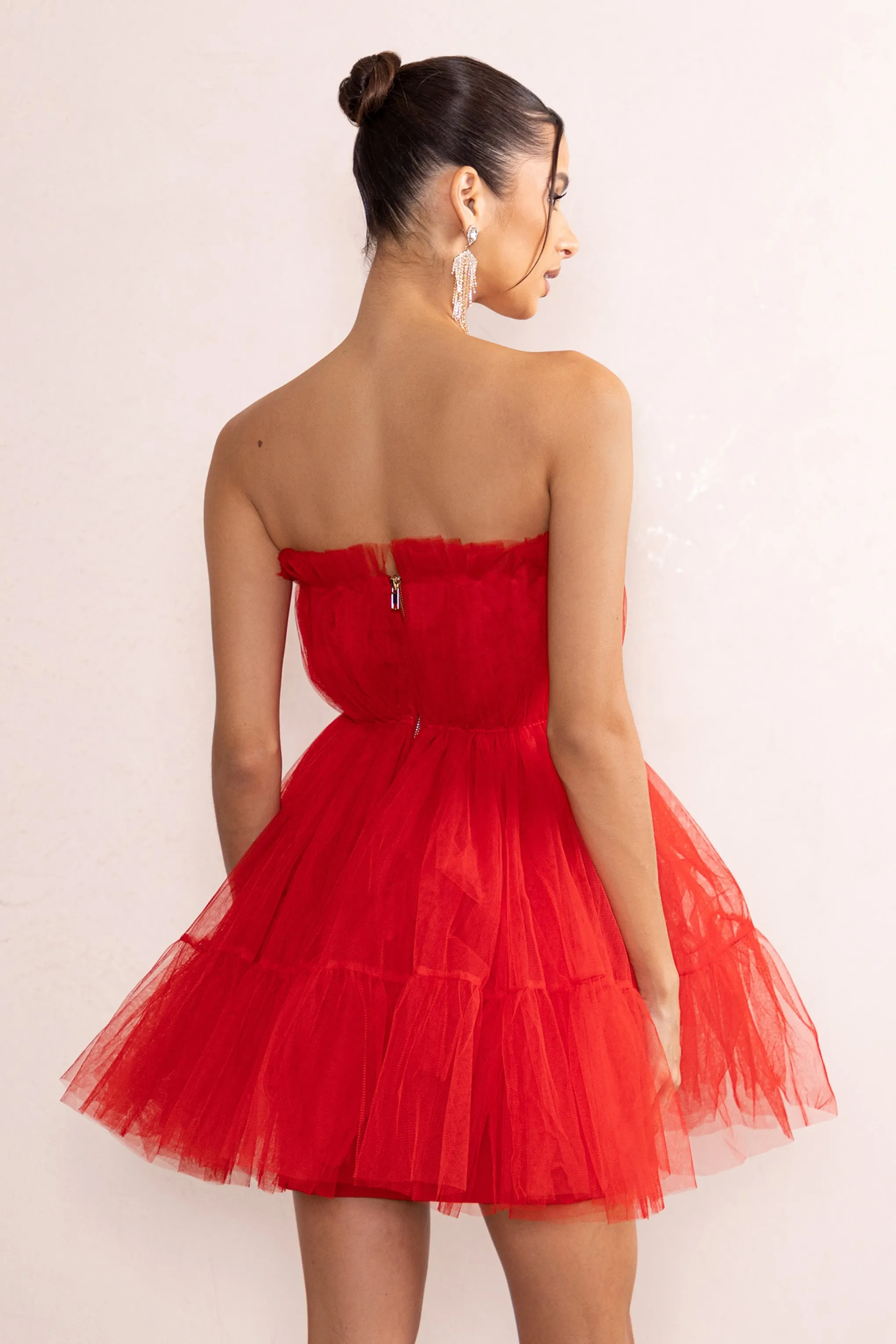 Aella | Red Bandeau Volume Pleated Tulle Mini Dress sold by Club L London product image thumbnail 2
