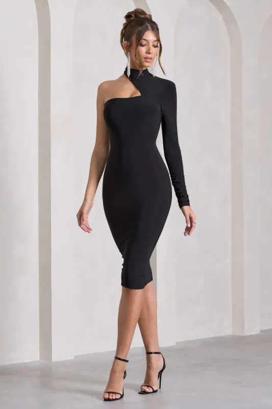 Liz | Black Halter-Neck One Sleeve Open-Back Midi Dress With Sash sold by Club L London
