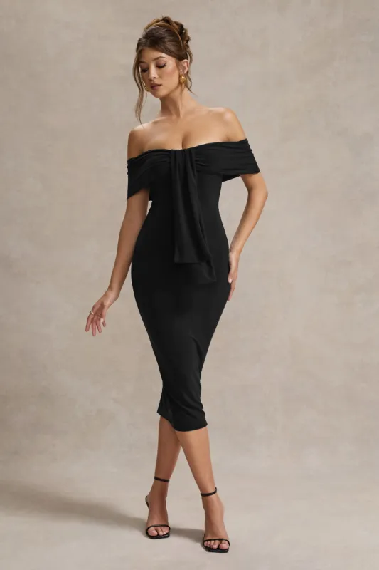 Selbie | Black Bardot Midi Dress With Drape sold by Club L London