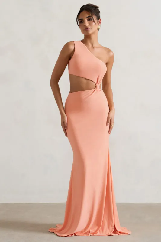 Aspyn | Coral Asymmetric Twisted Cut-Out Fishtail Maxi Dress made by Club L London