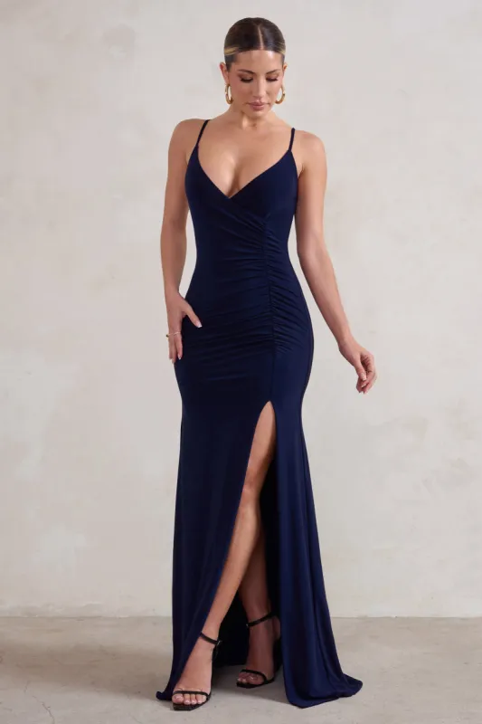 Jeanne | Navy Plunge Ruched Cami Maxi Dress With Split made by Club L London