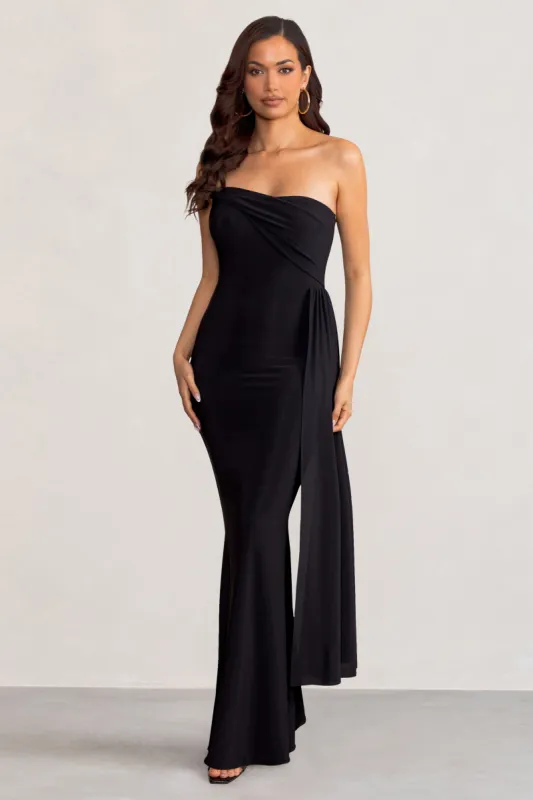 Aaliyah | Black Asymmetric Bardot Maxi Dress with Drape sold by Club L London