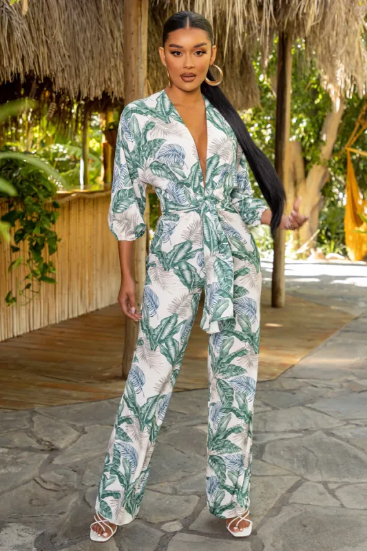 Summer Haze | Tropical Print Plunge Wide Leg Jumpsuit sold by Club L London