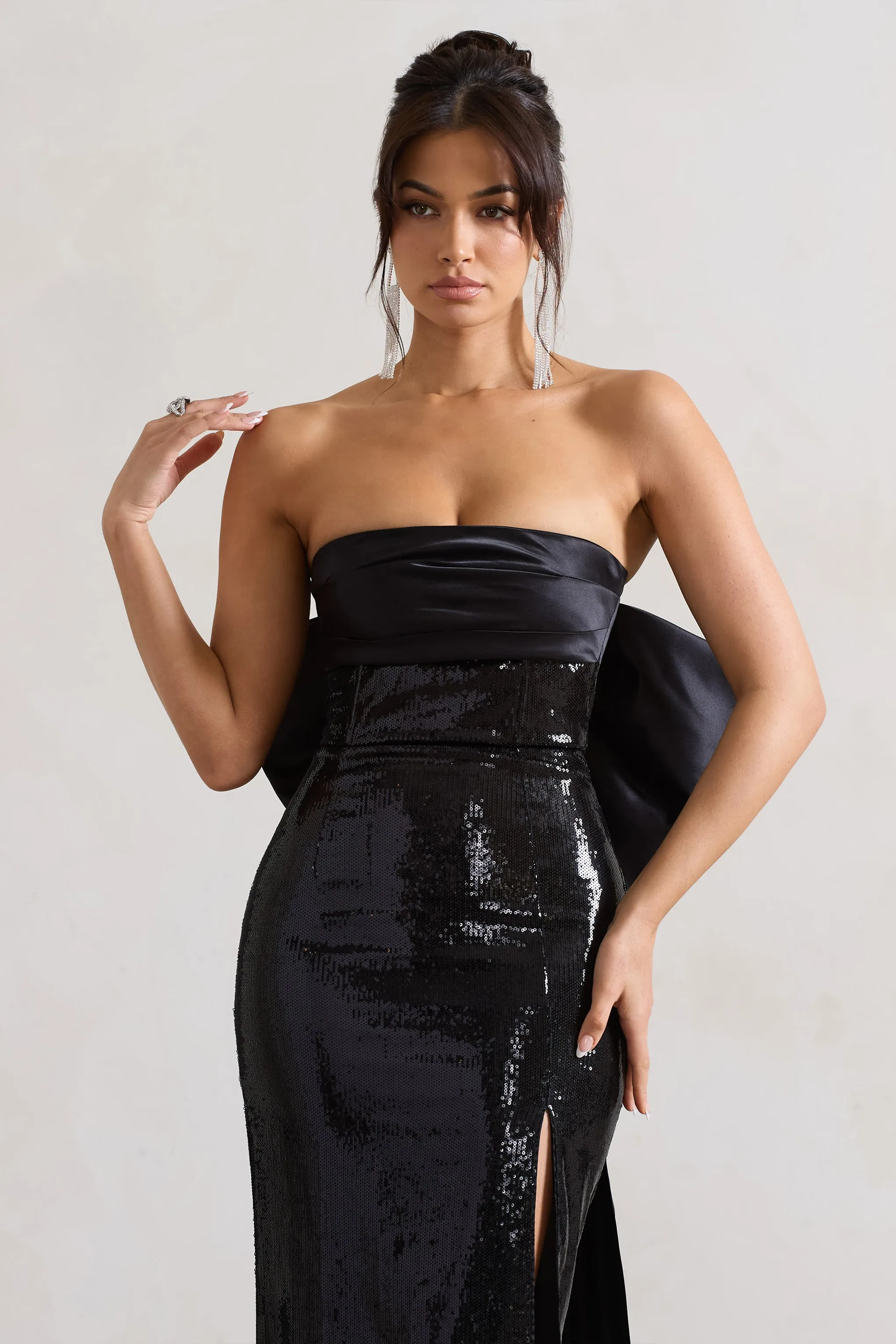 To You | Black Sequin Bandeau Split Maxi Dress With Oversized Bow sold by Club L London product image thumbnail 3
