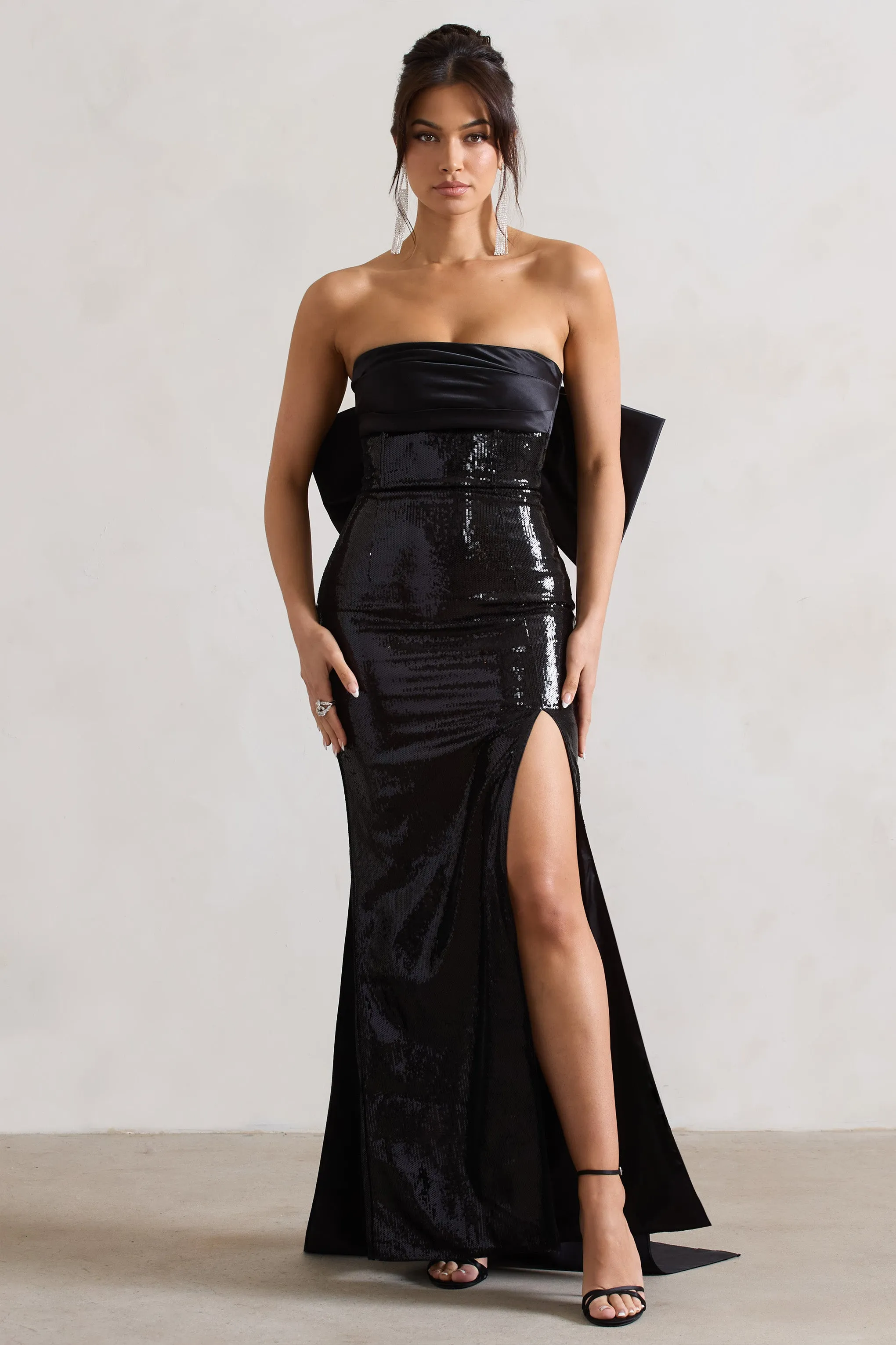 To You | Black Sequin Bandeau Split Maxi Dress With Oversized Bow sold by Club L London