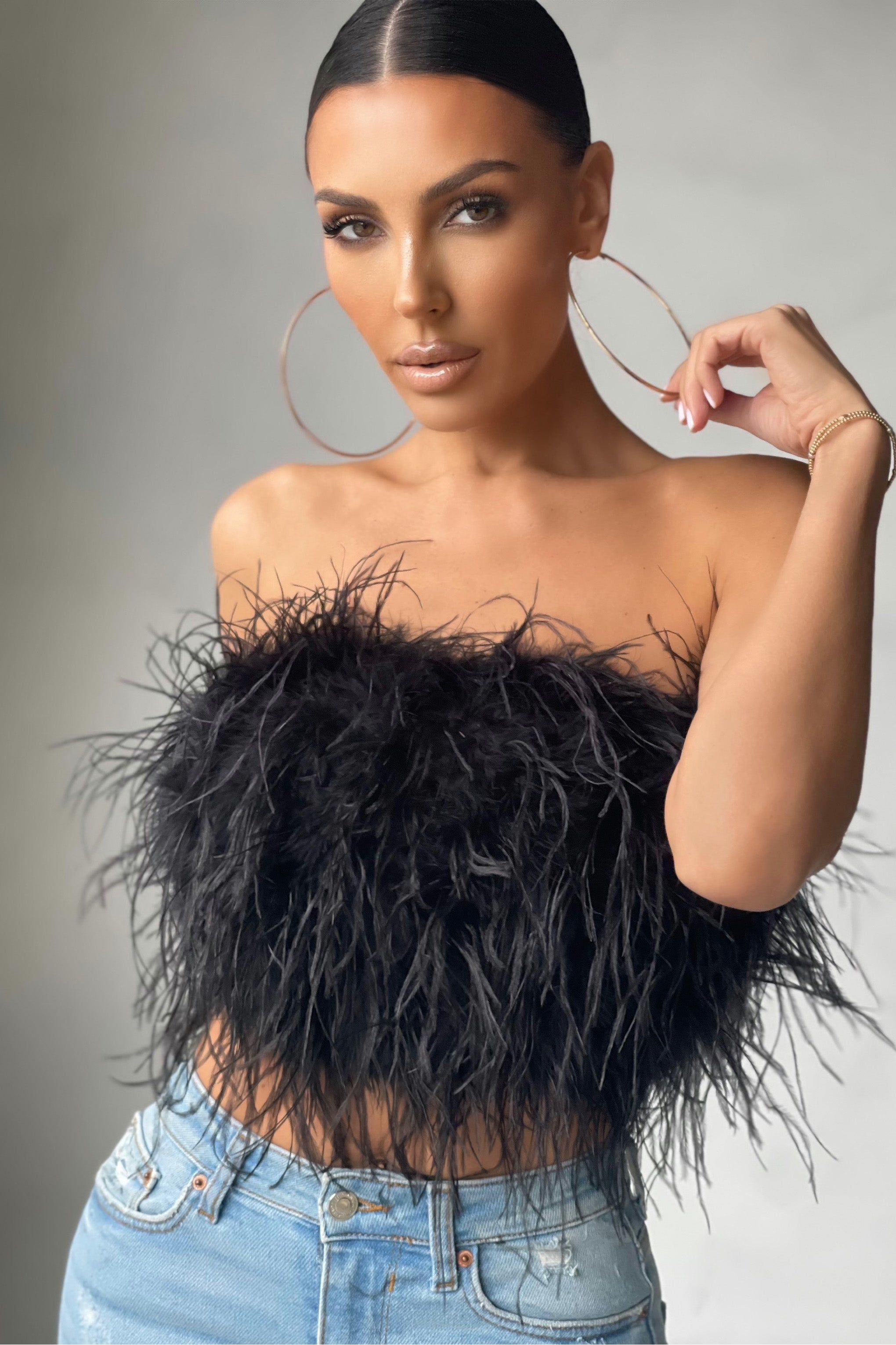 Dream Daze | Black Feather Bandeau Crop Top sold by Club L London