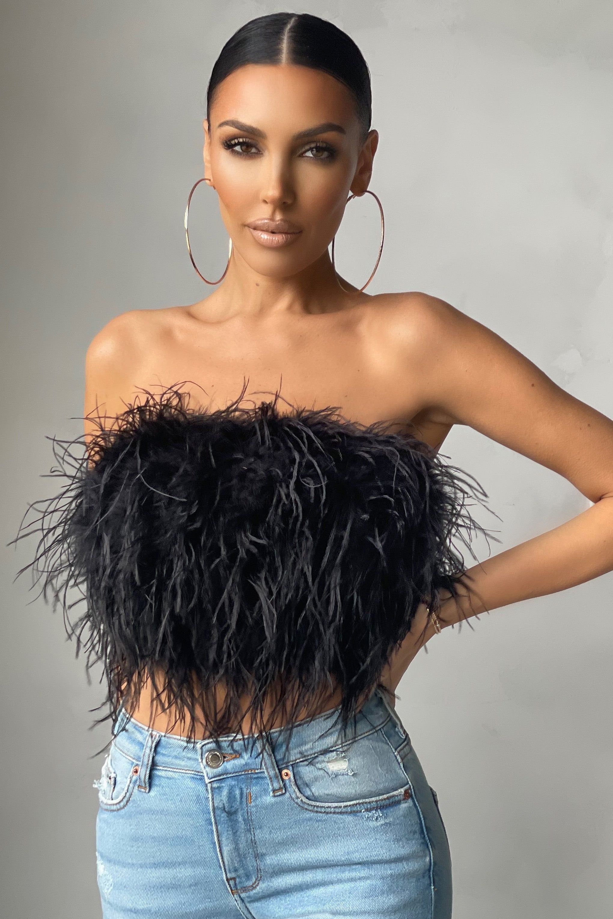 Dream Daze | Black Feather Bandeau Crop Top sold by Club L London product image thumbnail 4