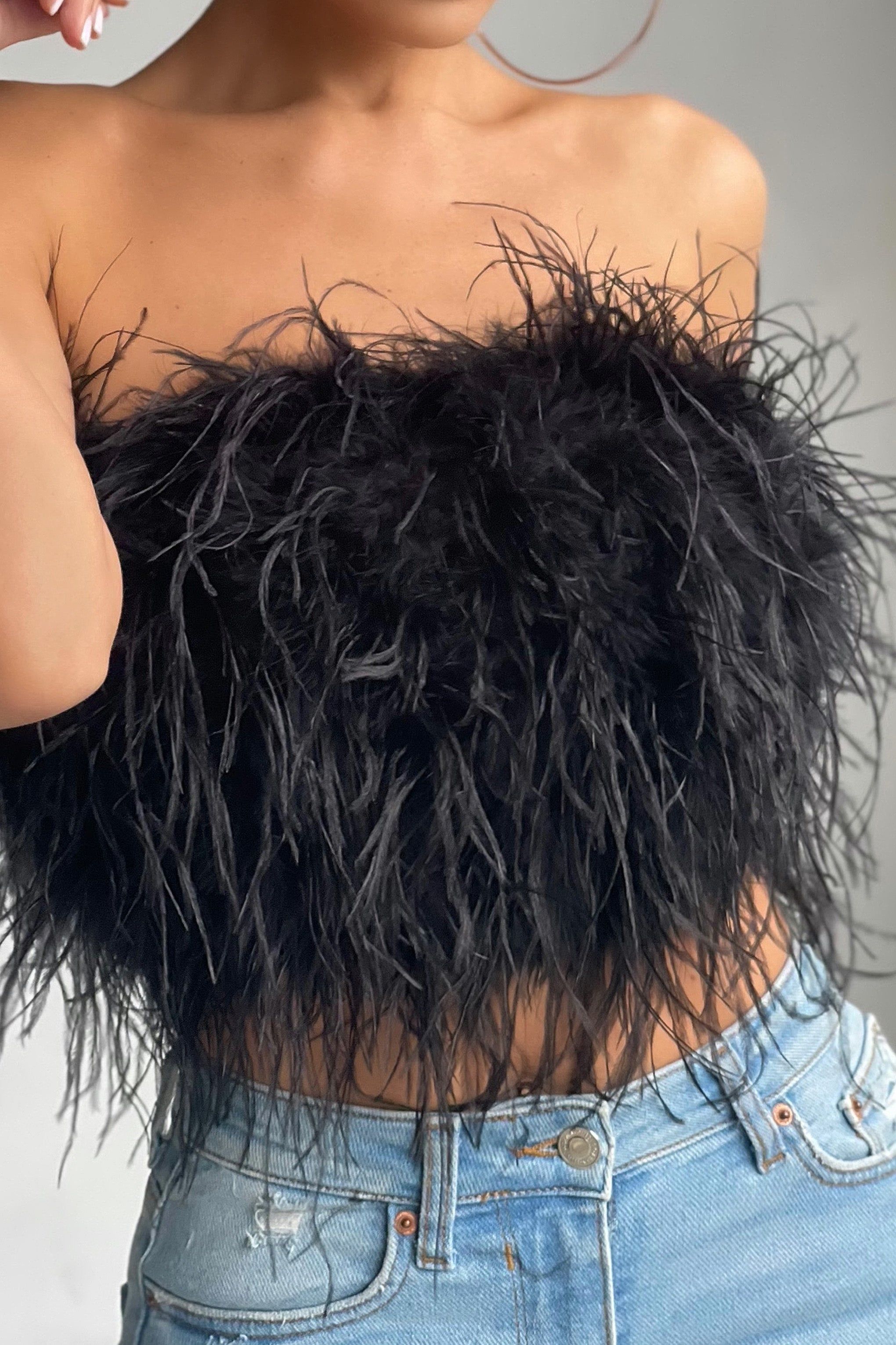 Dream Daze | Black Feather Bandeau Crop Top sold by Club L London product image thumbnail 3