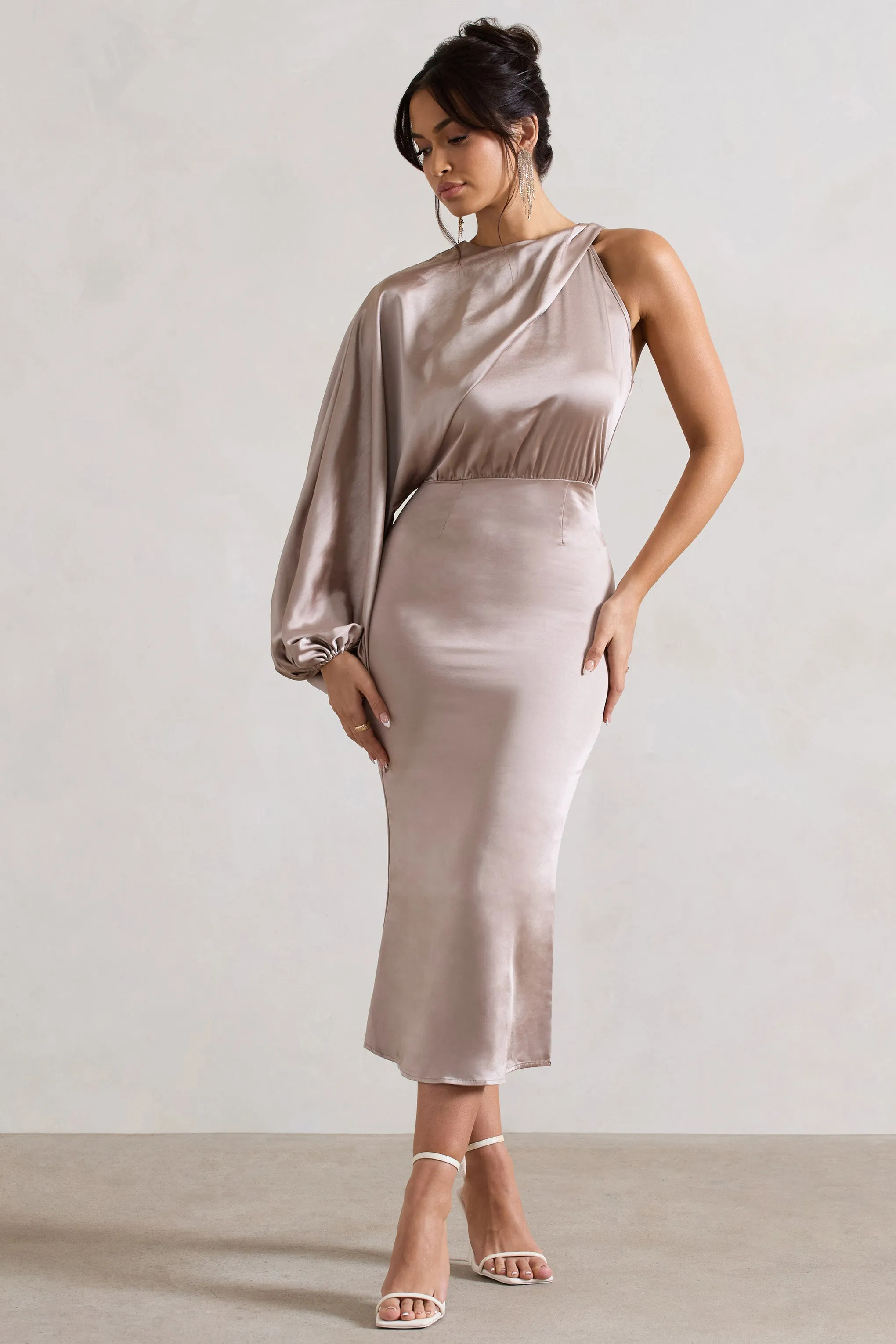 Nola | Taupe Satin One-Sleeve Midi Dress sold by Club L London