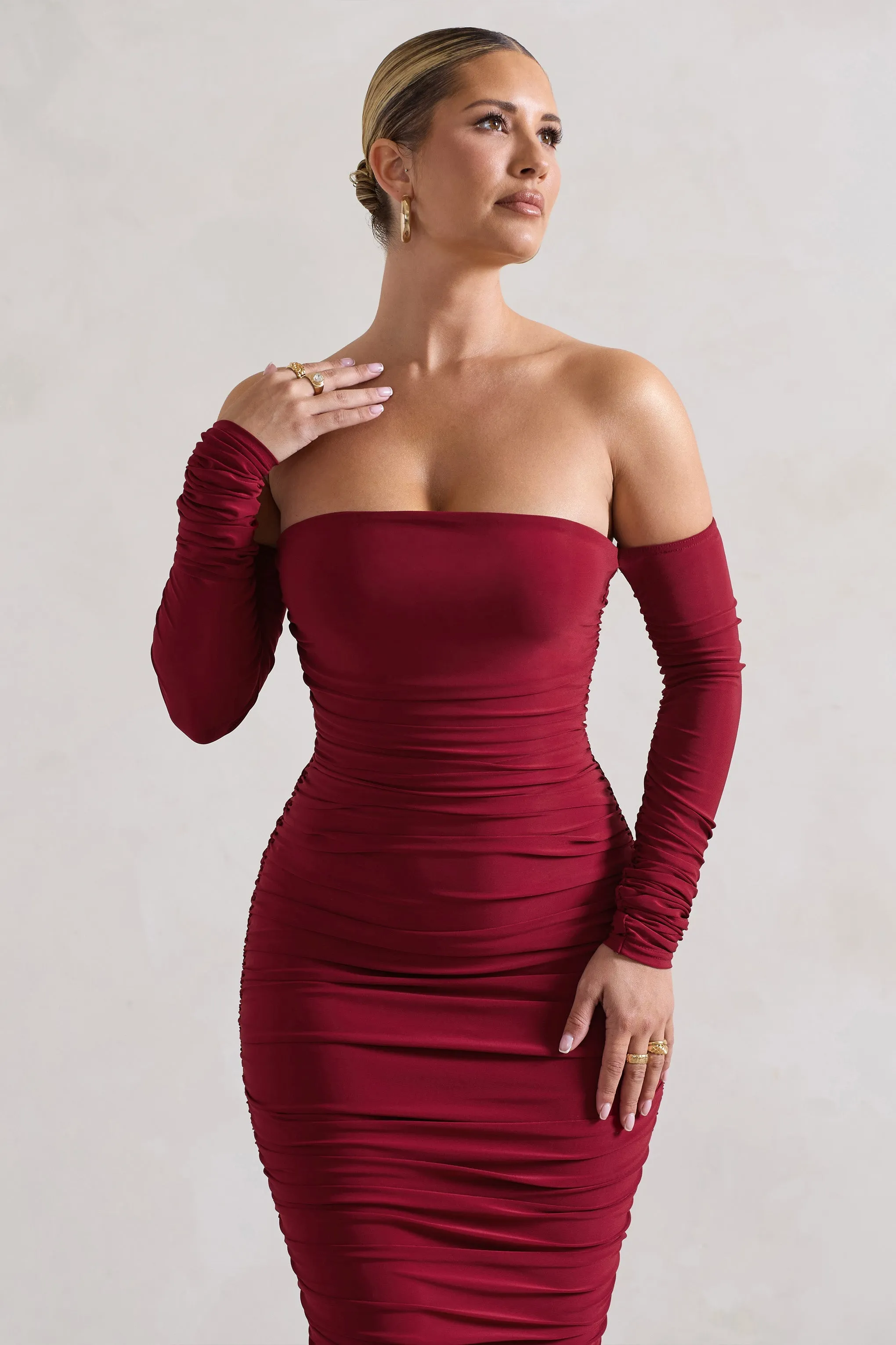 Anissa | Berry Ruched Bardot Midi Dress sold by Club L London product image thumbnail 3