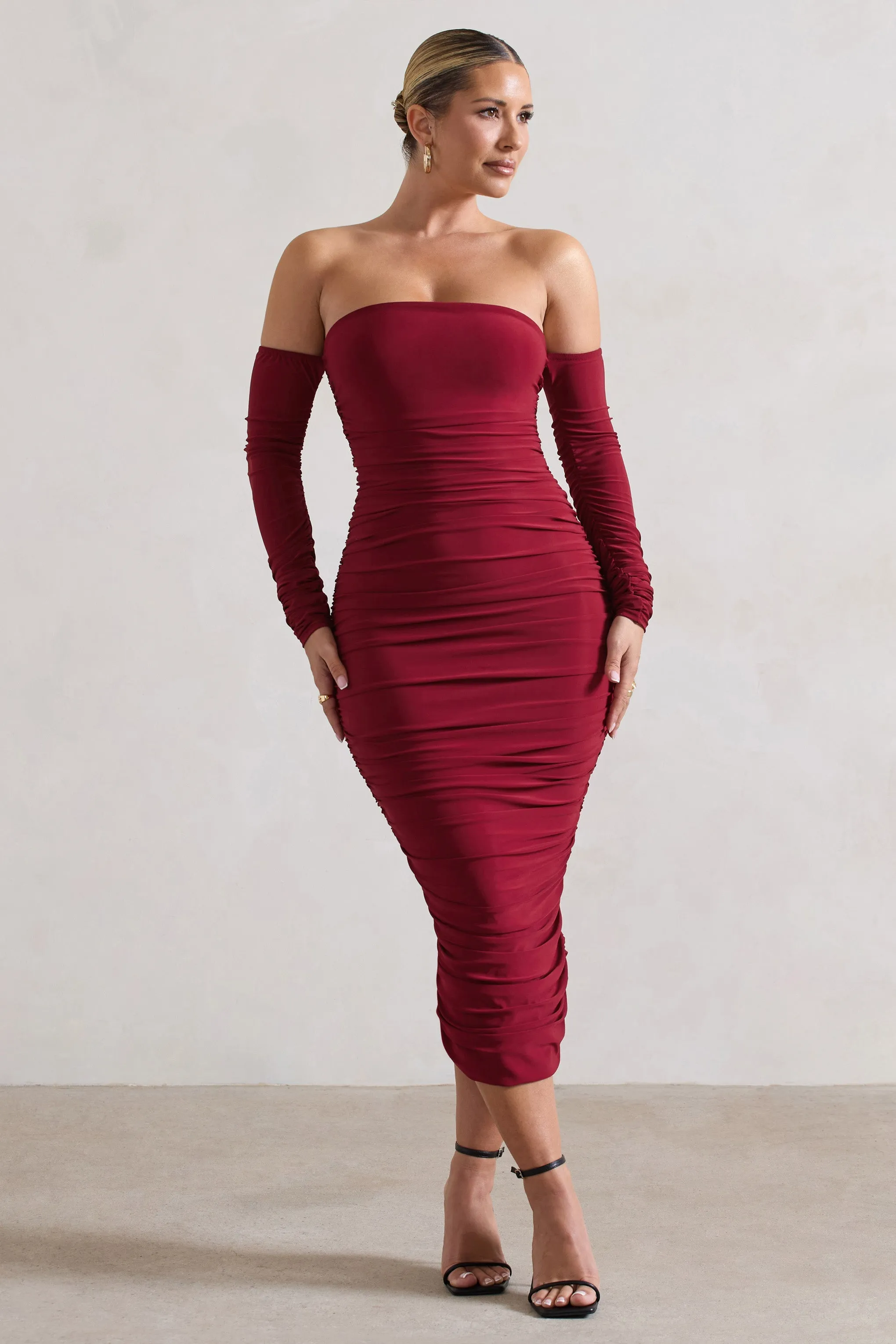 Anissa | Berry Ruched Bardot Midi Dress sold by Club L London
