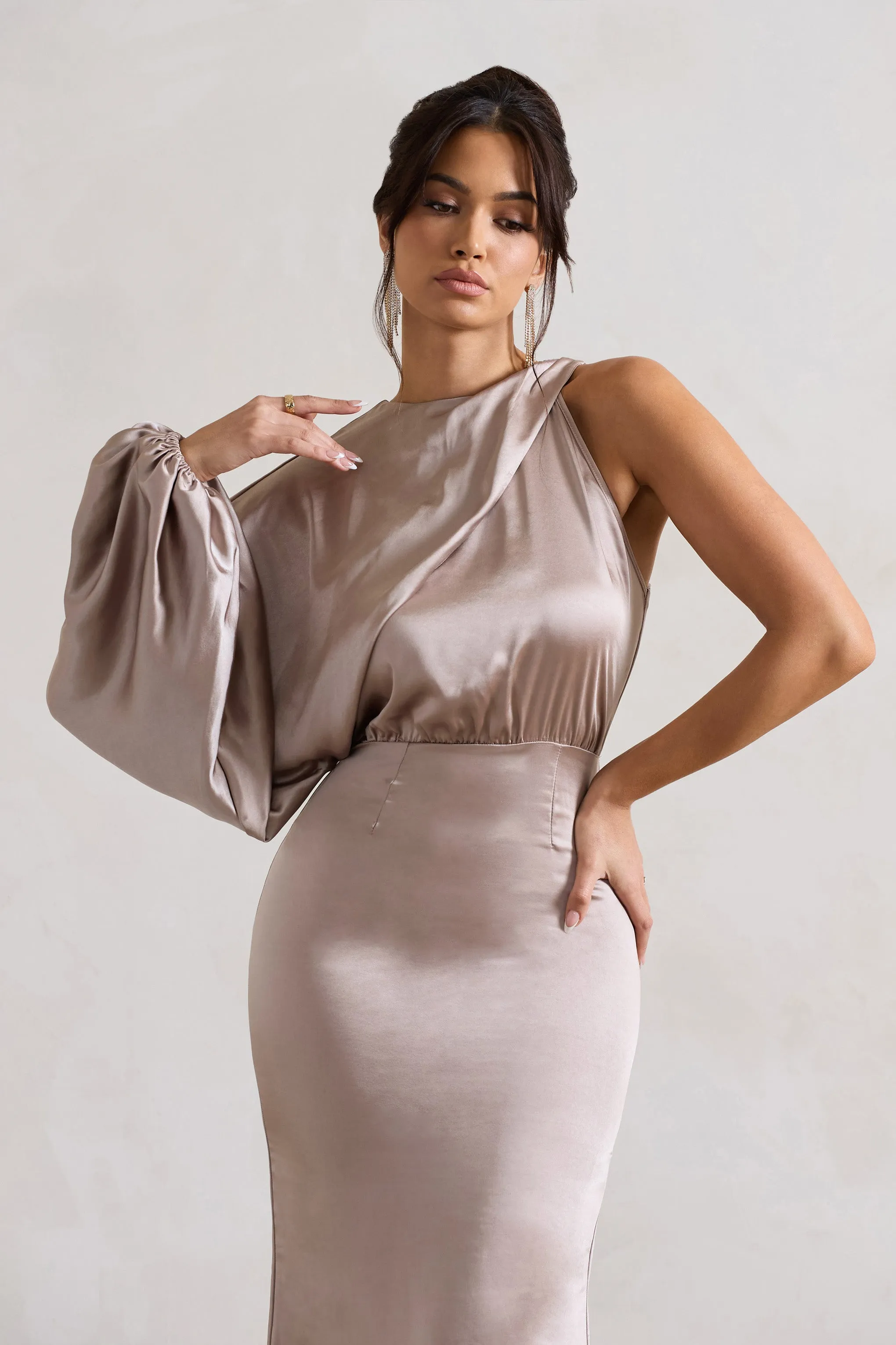 Nola | Taupe Satin One-Sleeve Midi Dress sold by Club L London product image thumbnail 3