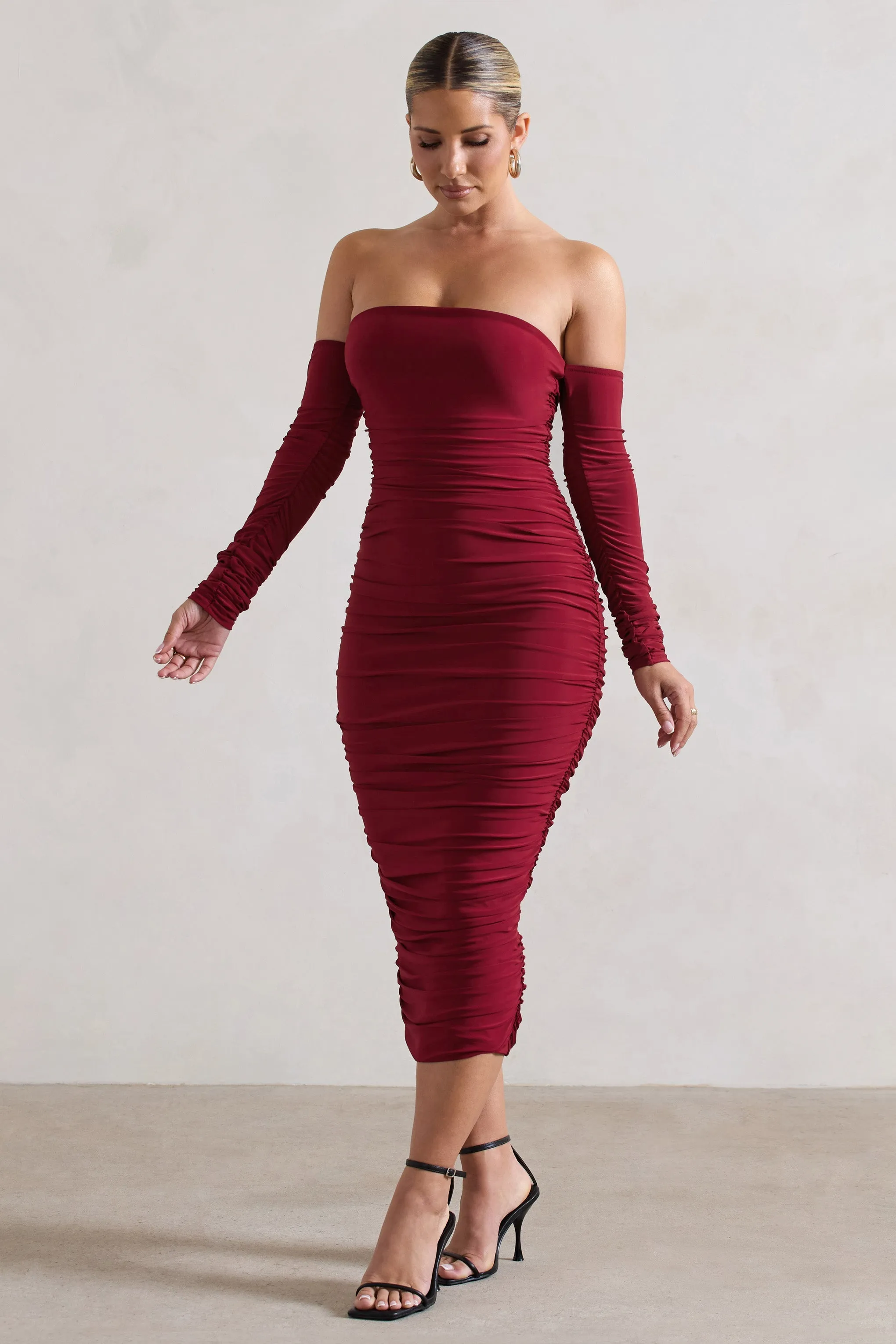 Anissa | Berry Ruched Bardot Midi Dress sold by Club L London product image thumbnail 5