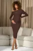 Nayana | Chocolate Brown Asymmetric Long-Sleeve Maternity Midi Dress sold by Club L London