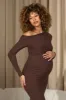 Nayana | Chocolate Brown Asymmetric Long-Sleeve Maternity Midi Dress sold by Club L London