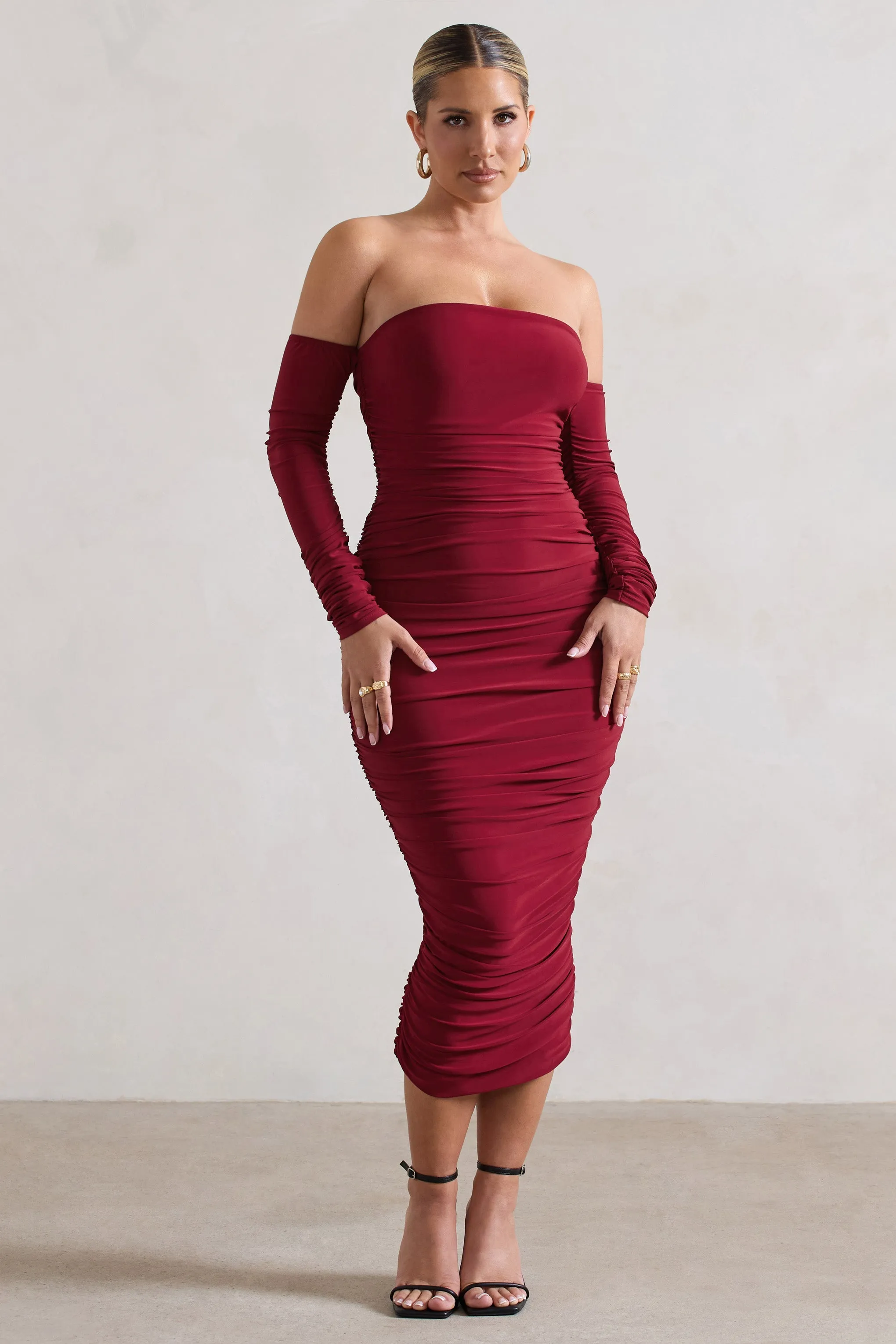 Anissa | Berry Ruched Bardot Midi Dress sold by Club L London product image thumbnail 4