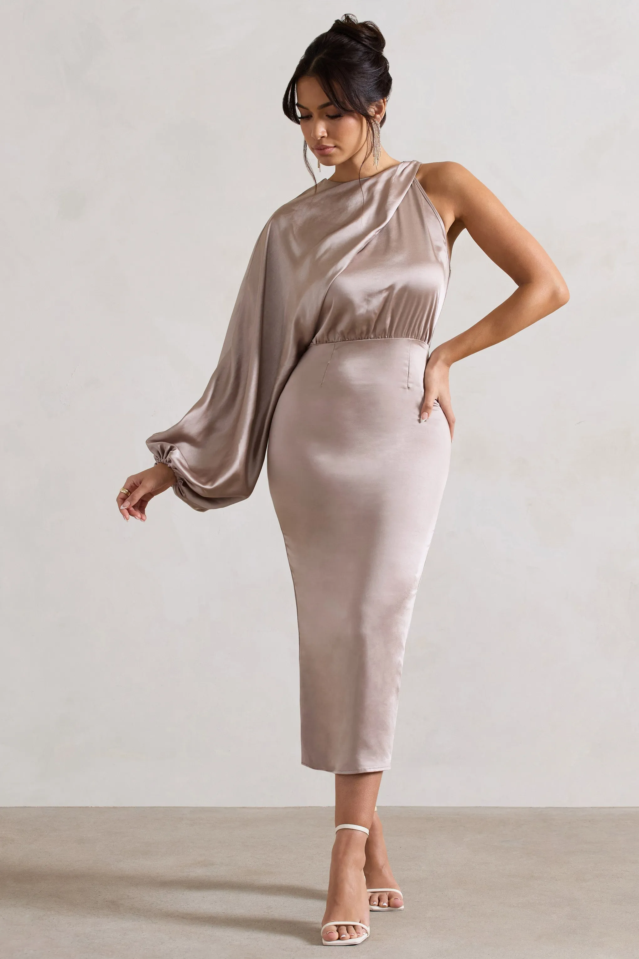 Nola | Taupe Satin One-Sleeve Midi Dress sold by Club L London product image thumbnail 5