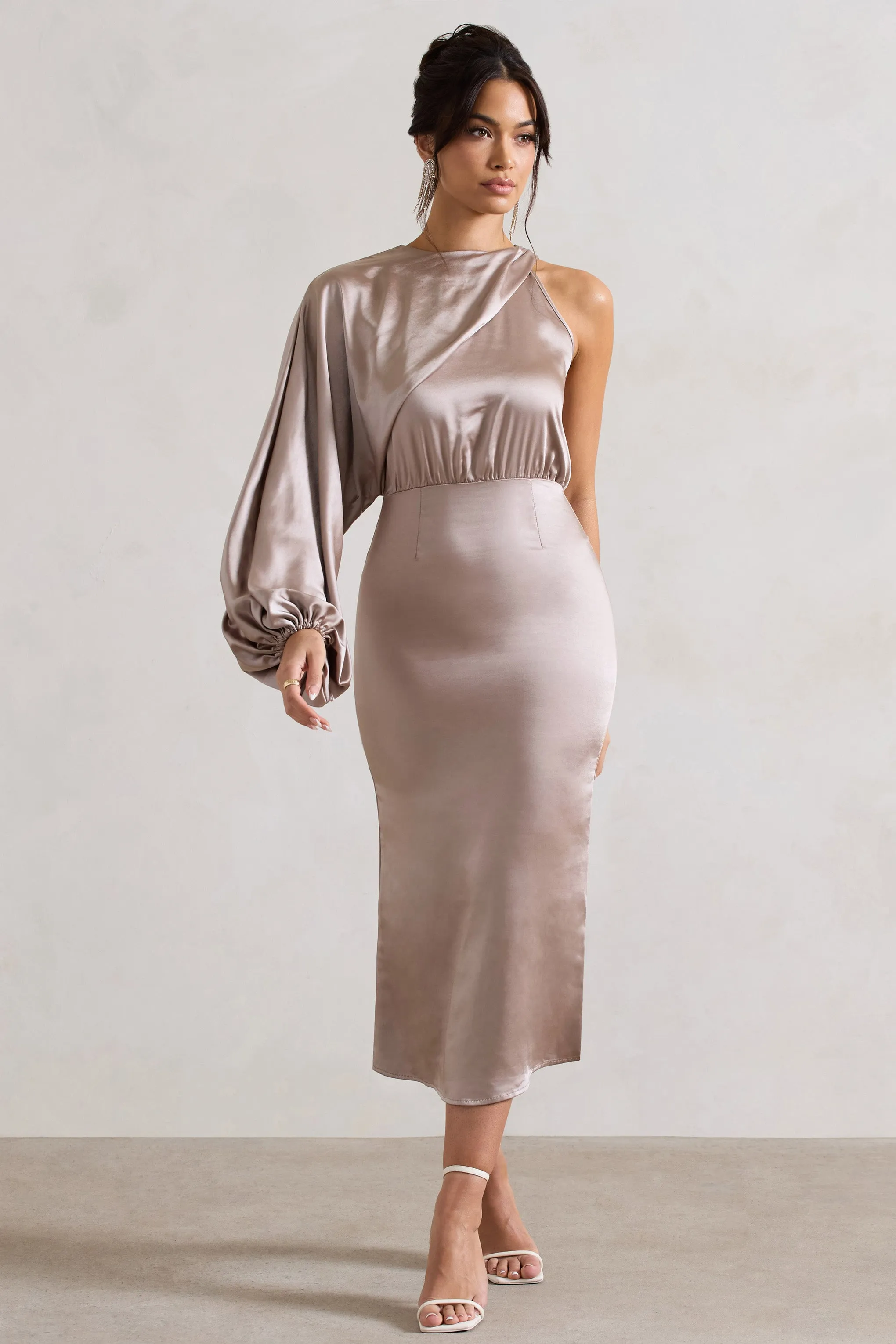 Nola | Taupe Satin One-Sleeve Midi Dress sold by Club L London product image thumbnail 4