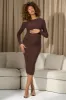 Nayana | Chocolate Brown Asymmetric Long-Sleeve Maternity Midi Dress sold by Club L London
