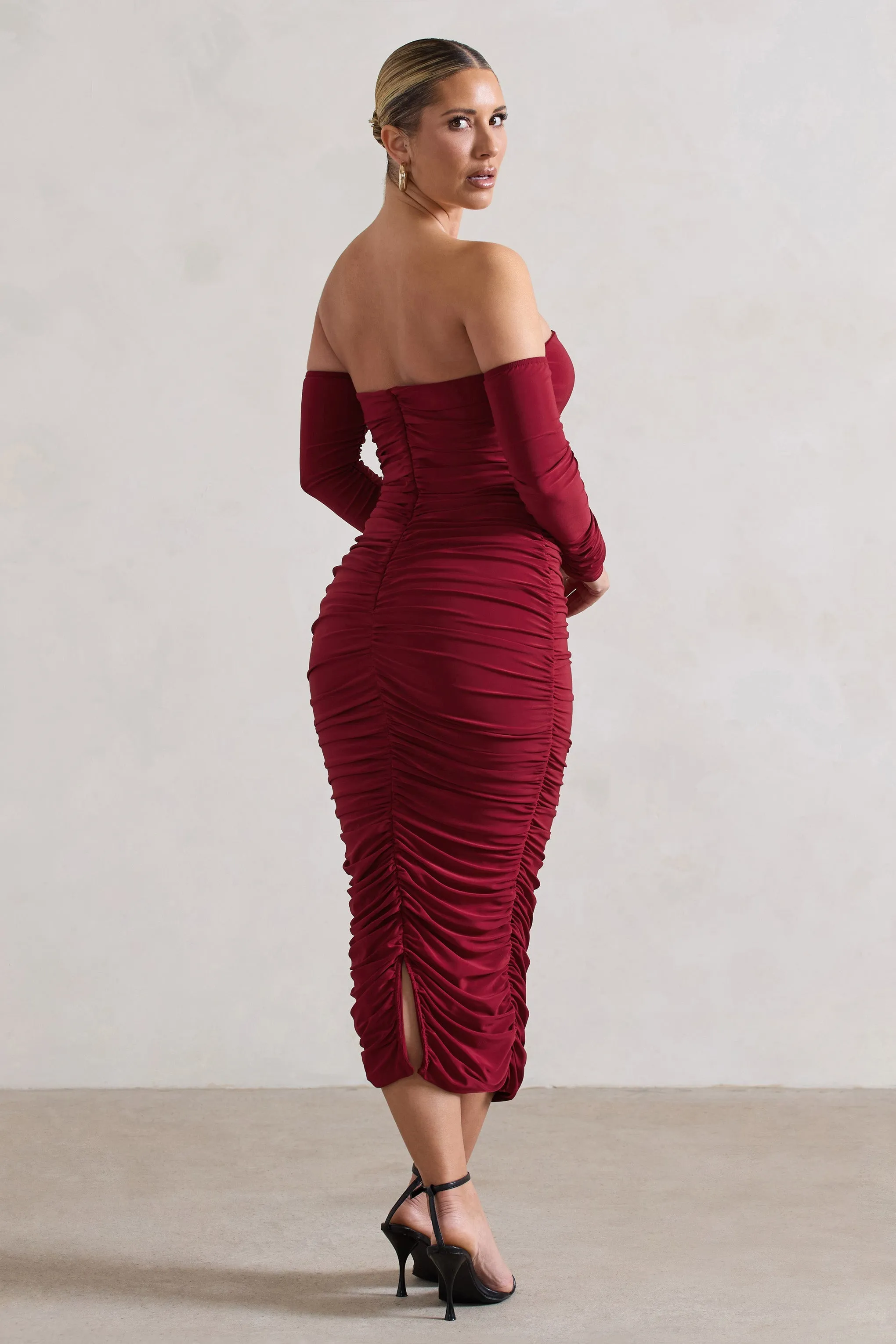 Anissa | Berry Ruched Bardot Midi Dress sold by Club L London product image thumbnail 2