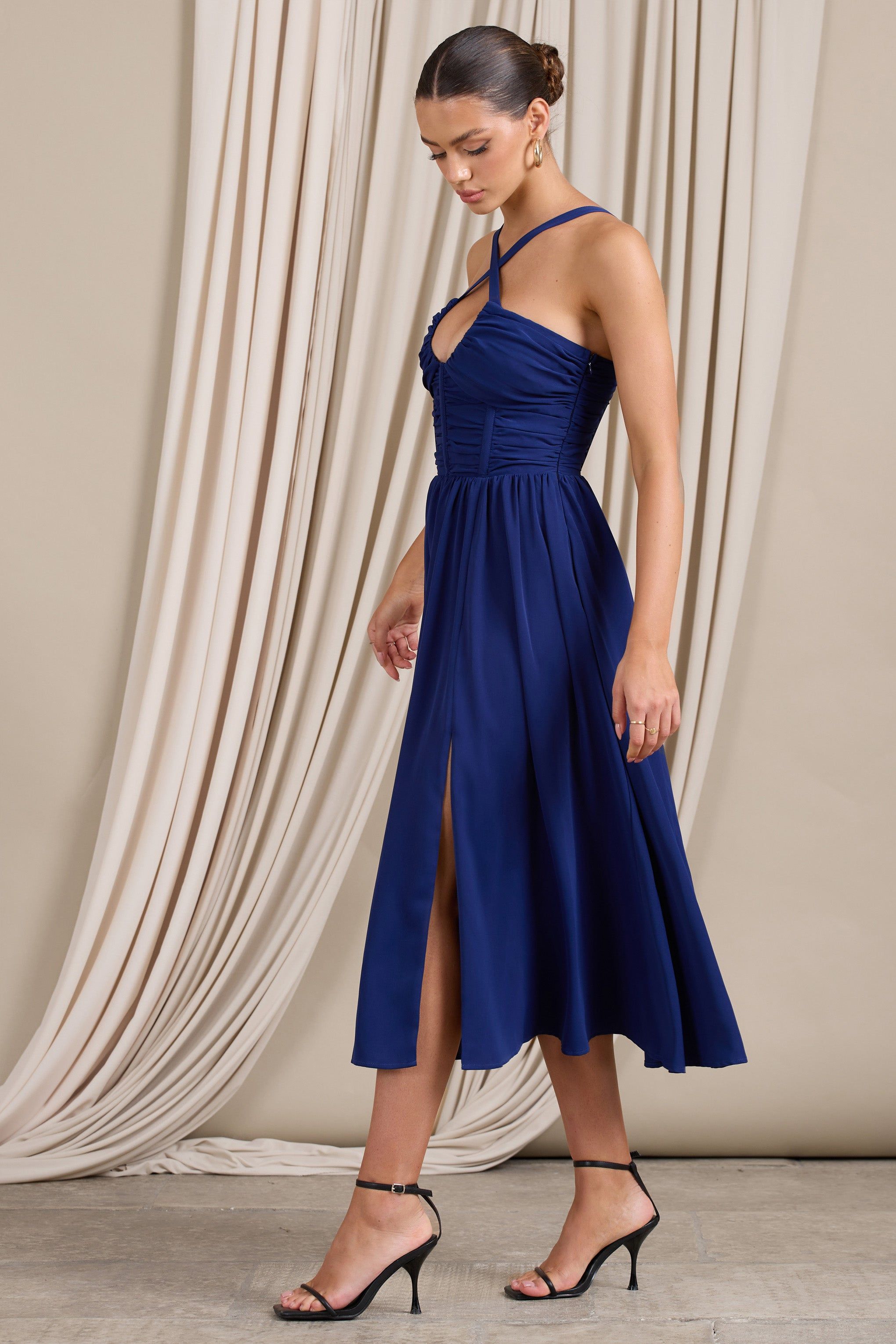 Lady Loren | Navy Ruched Cross-Strap Split Midi Dress sold by Club L London product image thumbnail 5
