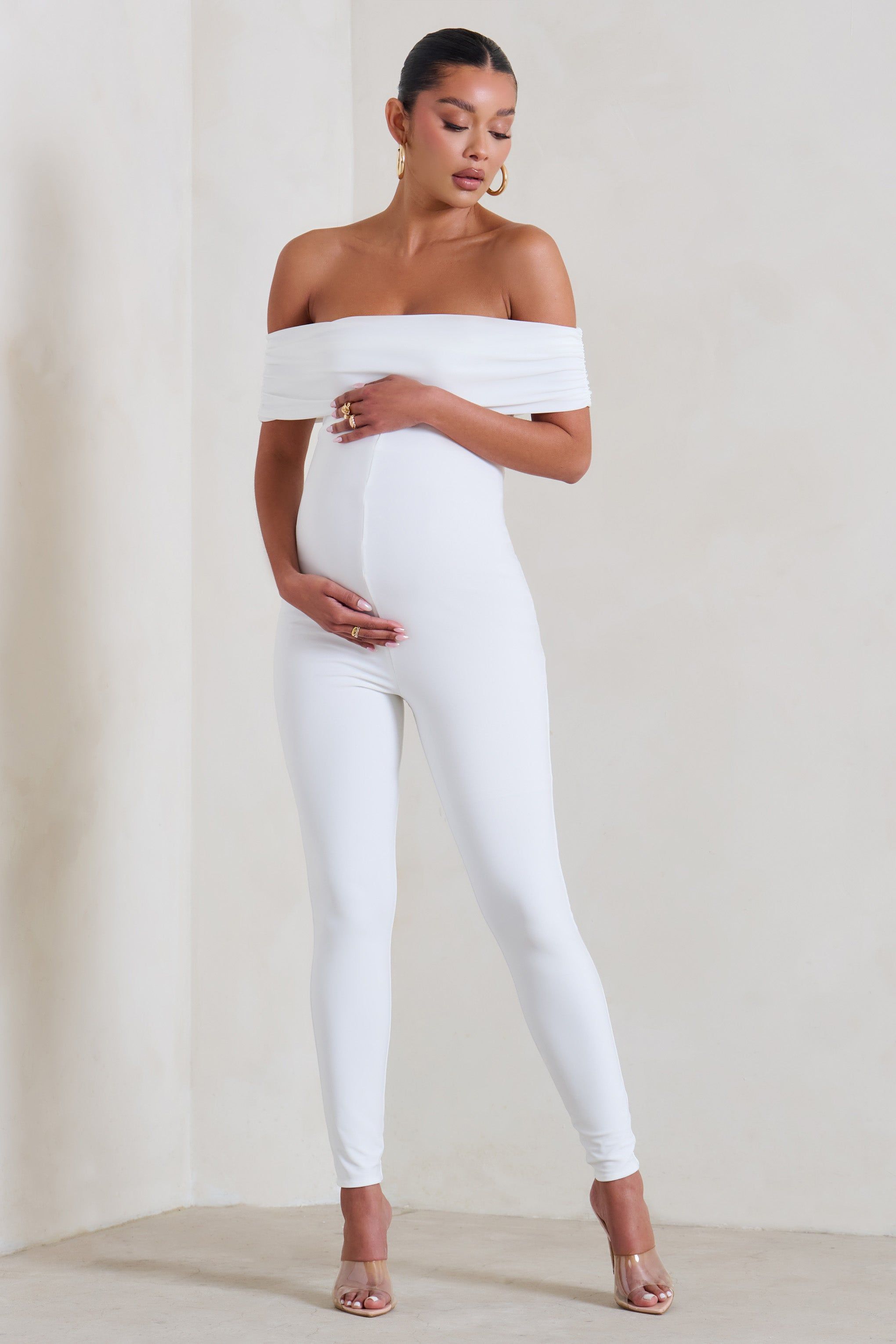 Carefully Crafted | White Maternity Bardot Fitted Jumpsuit sold by Club L London product image thumbnail 2