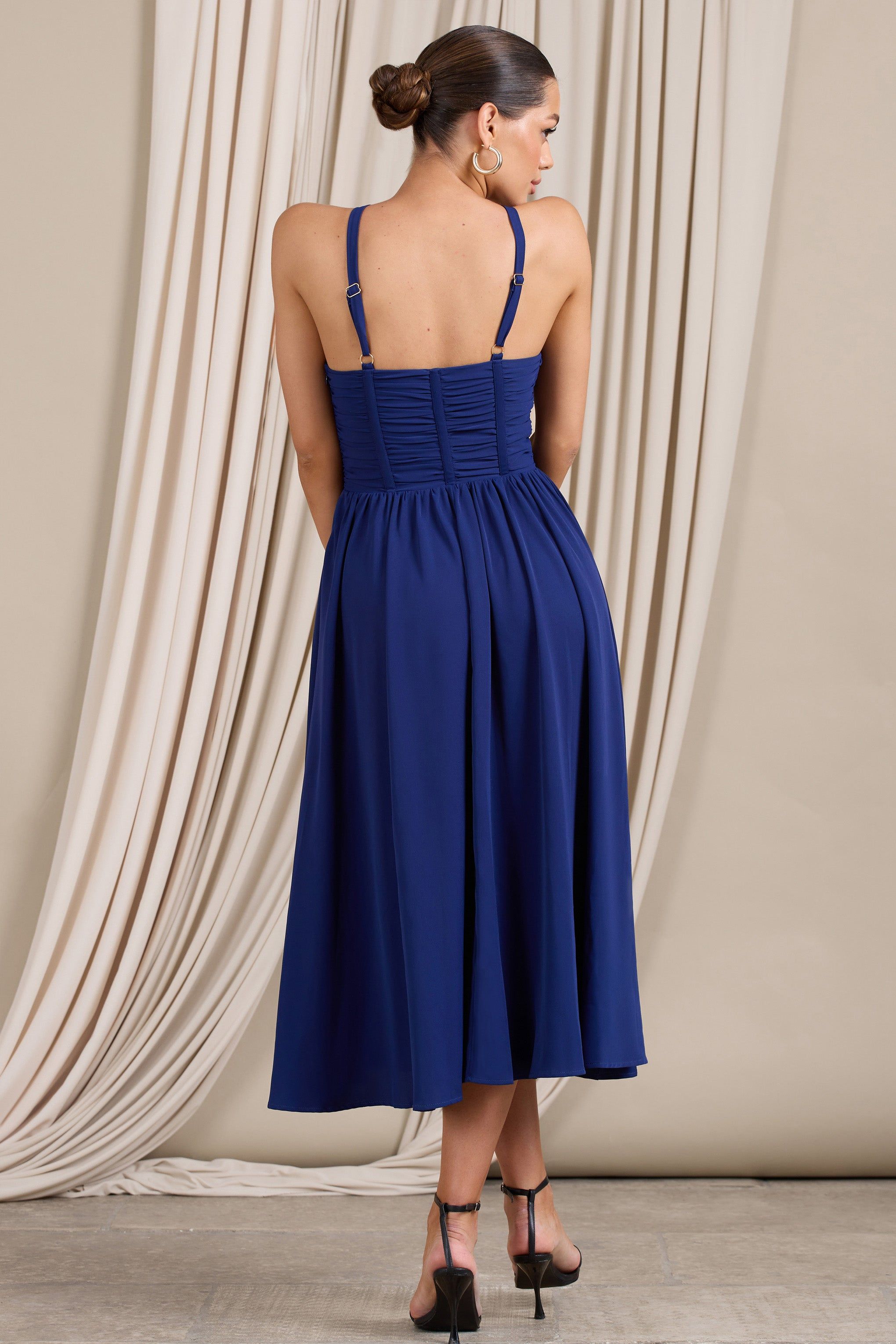 Lady Loren | Navy Ruched Cross-Strap Split Midi Dress sold by Club L London product image thumbnail 3