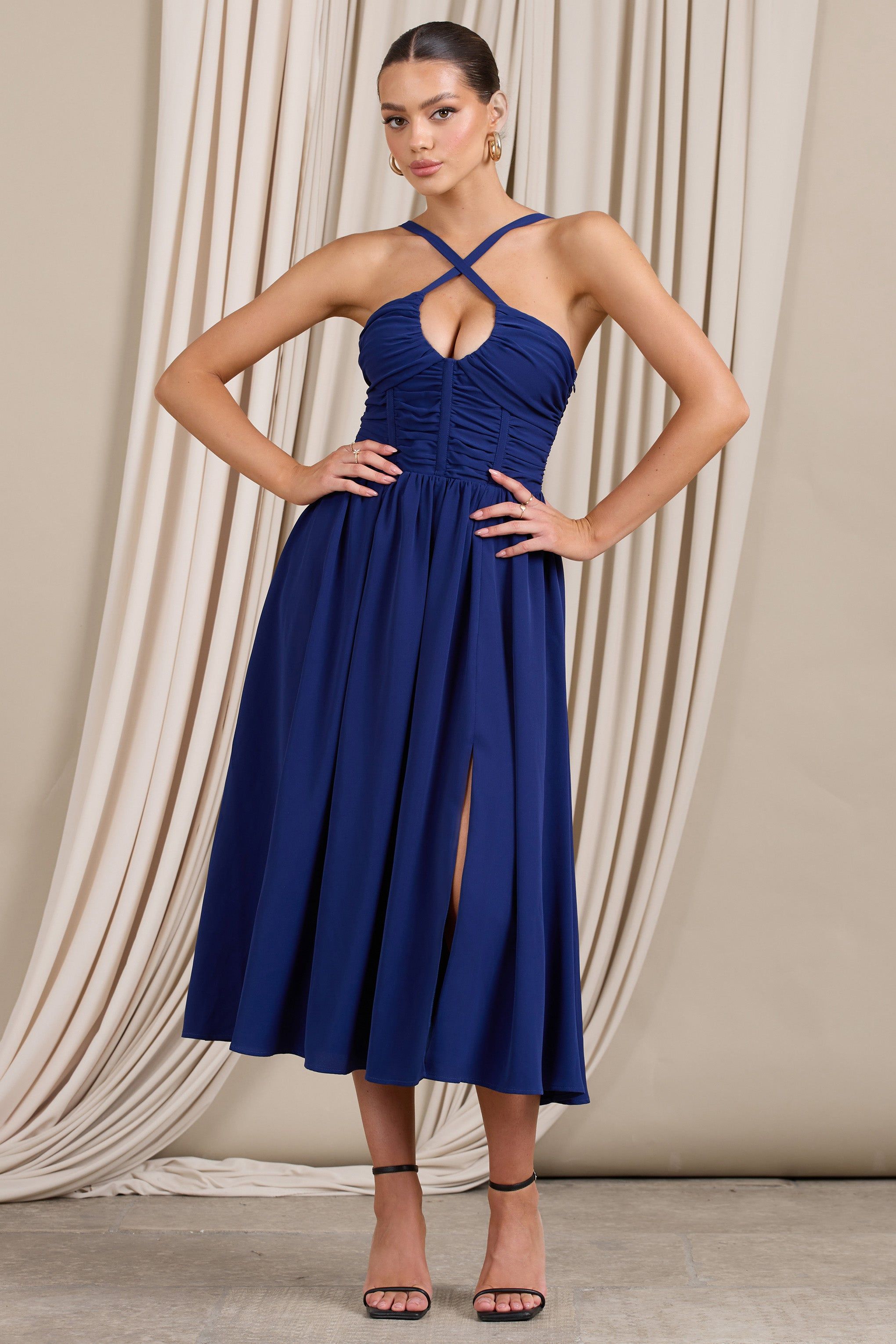 Lady Loren | Navy Ruched Cross-Strap Split Midi Dress sold by Club L London product image thumbnail 2