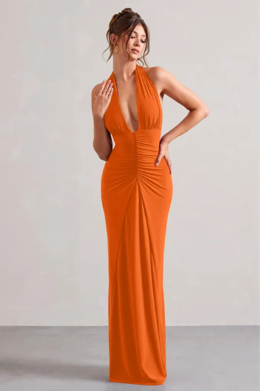 Payton | Orange Ruched Halter-Neck Maxi Dress sold by Club L London